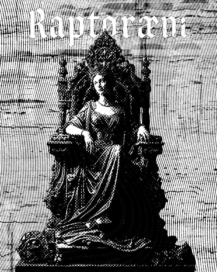 An illustration of a woman seated on a throne with the word 'Raptoraem' above her, depicted in a detailed, monochrome style.