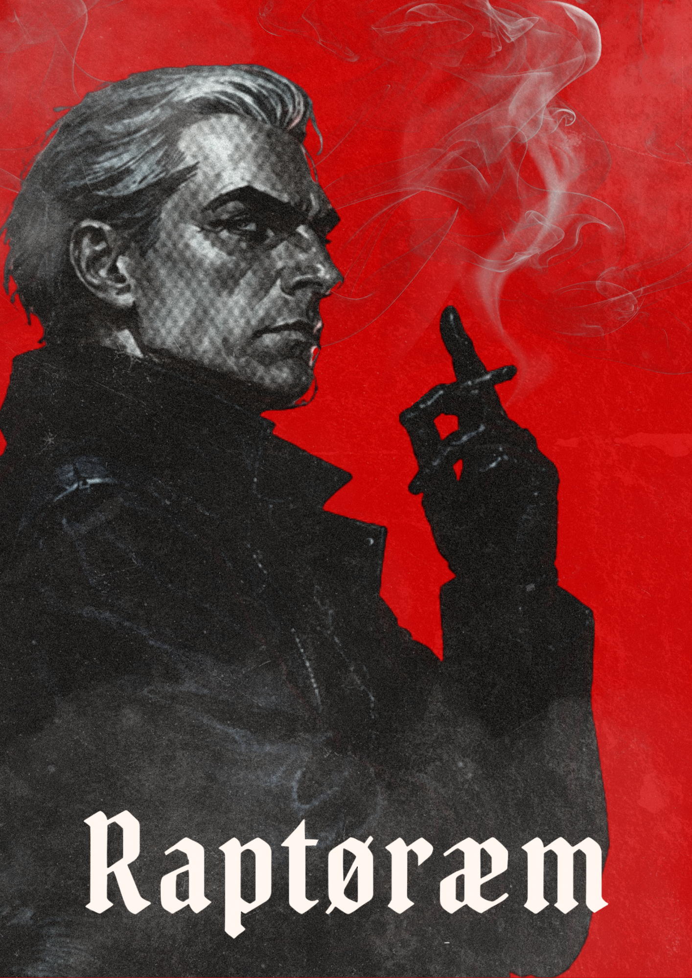 A stylized black and white illustration of a man with blond hair smoking a cigarette, set against a red background. The word 'Raptoraem' is written in white gothic-style font at the bottom.
