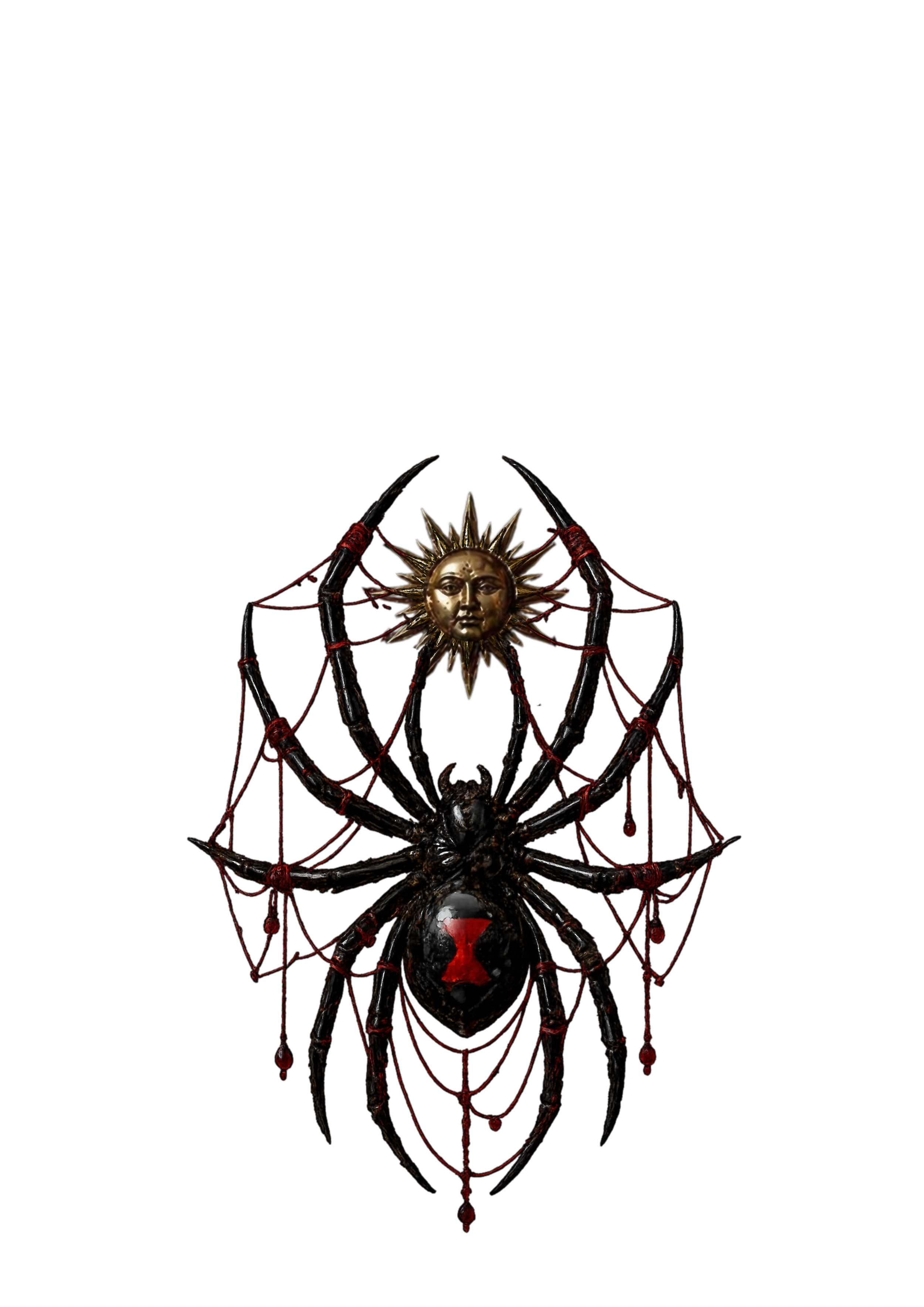 A decorative wall piece featuring a black spider with a golden sun face on its back, set against a black background with red and blue lighting accents.