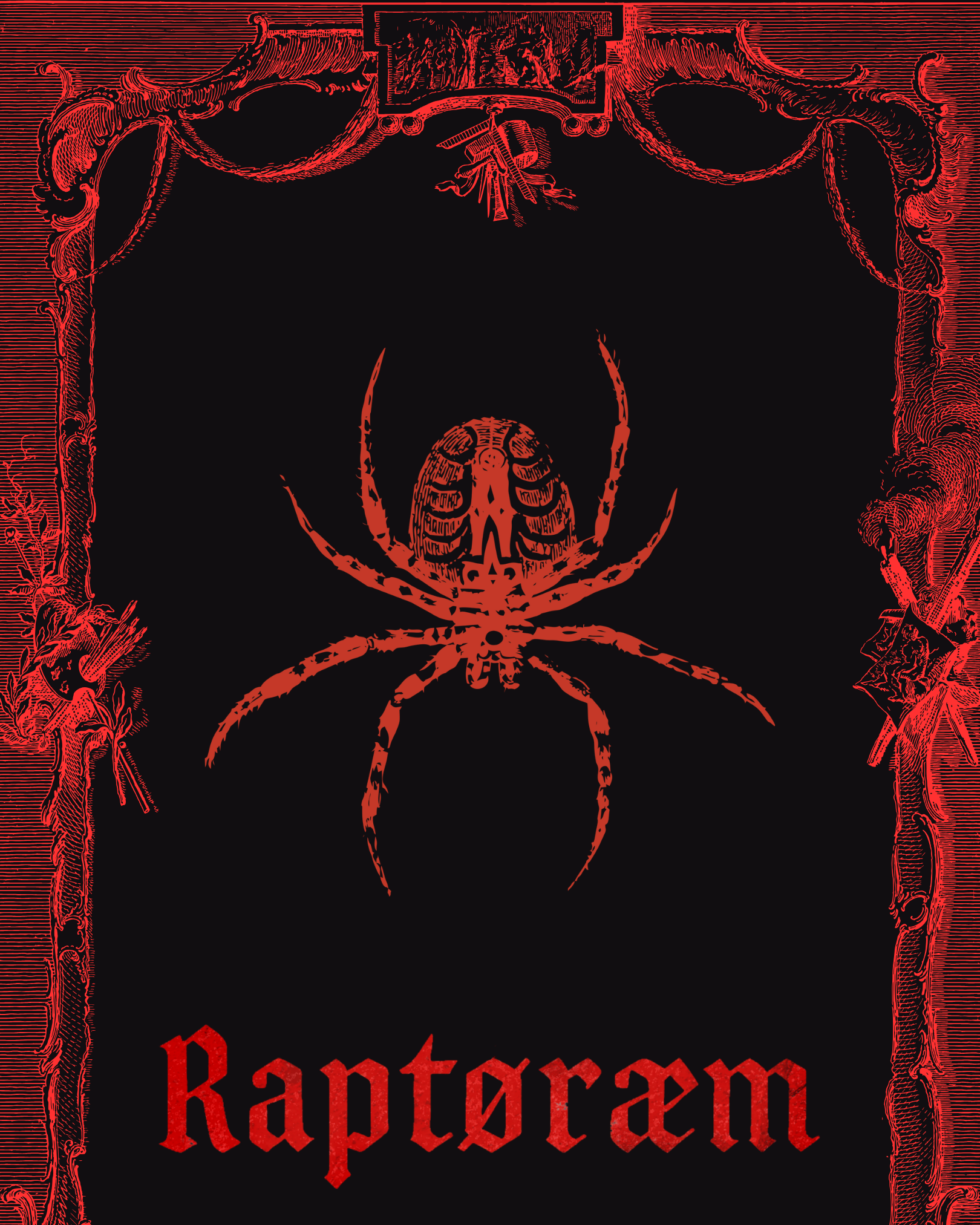 A dark red and black illustration of a spider with a human face on a poster titled "Raptoraem". The border features intricate designs and images, including skulls, skeletons, and occult symbols.