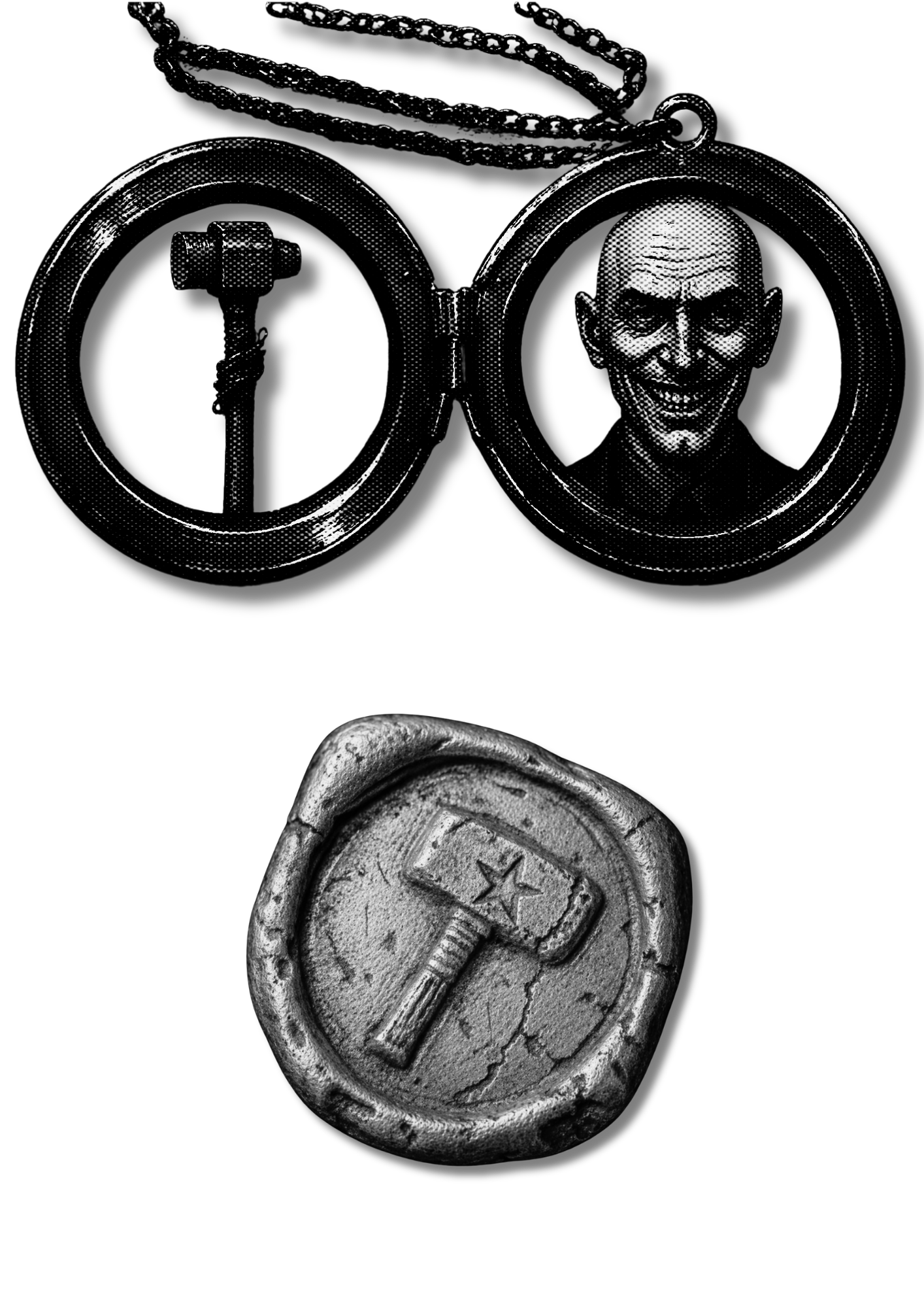 A silver coin with a sword engraved on it. Above the coin, there is an open pocket watch with a smiling face inside, wearing sunglasses and with a chain attached to it.