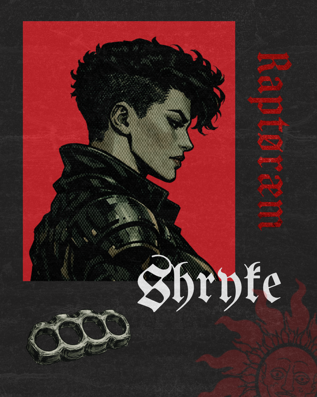 Artwork featuring a stylized illustration of a woman with short, windblown hair and a confident expression, wearing a black leather jacket. The background is red with the word 'Rapport' written vertically on the right side in red. The name 'Shrike' appears in large white gothic letters across the lower part of the image. A brass knuckle is depicted at the bottom on a dark surface.