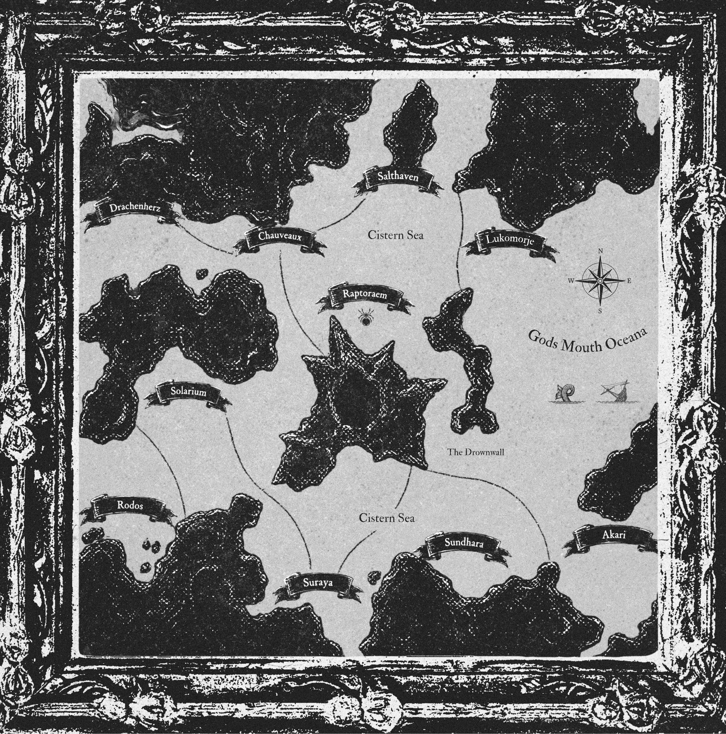 A historical map showing various locations such as Drachenherz, Chauveaux, Salthaven, Lukomorje, Raptoraem, Solarium, Rodos, and Sundhara, with surrounding decorative borders and a compass rose in the bottom right corner.