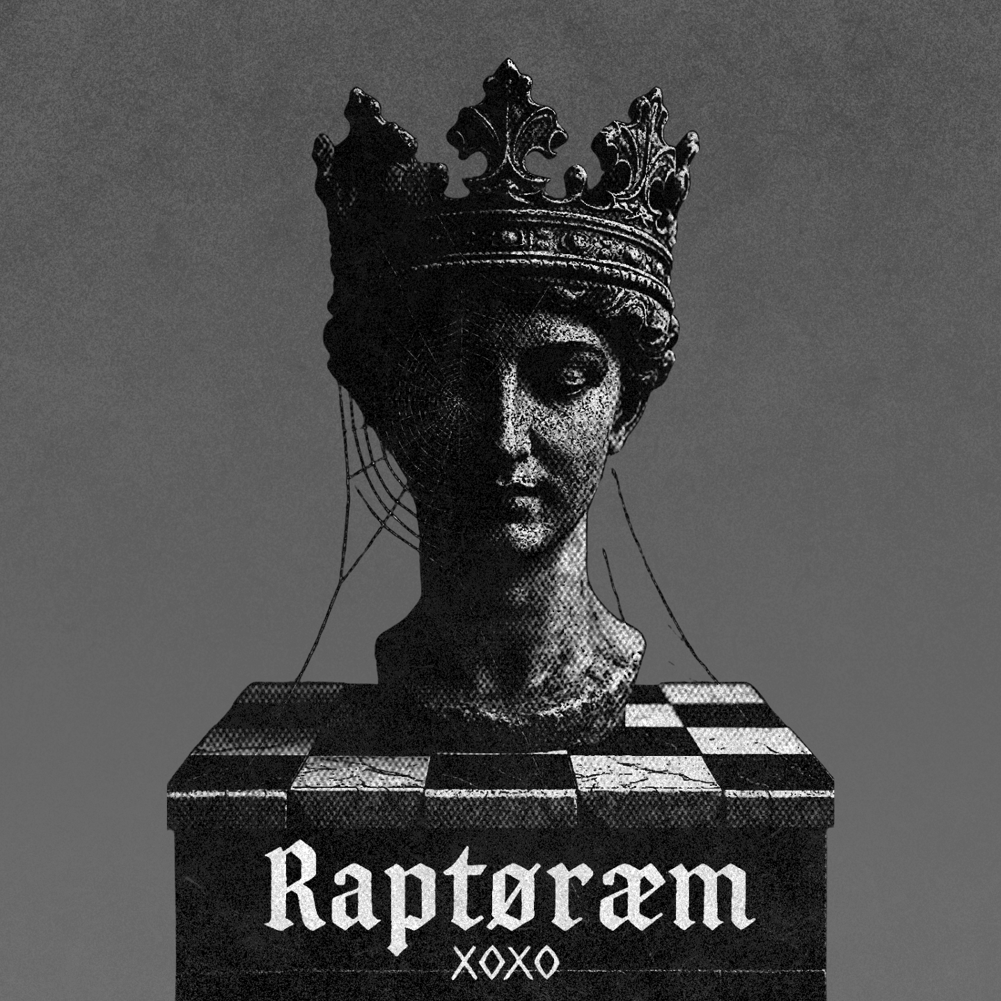 A black and white illustration of a bust of a woman wearing a crown with intricate designs, placed on a checkered platform. The platform features the name 'Raptorem' and 'XOXO' written underneath.