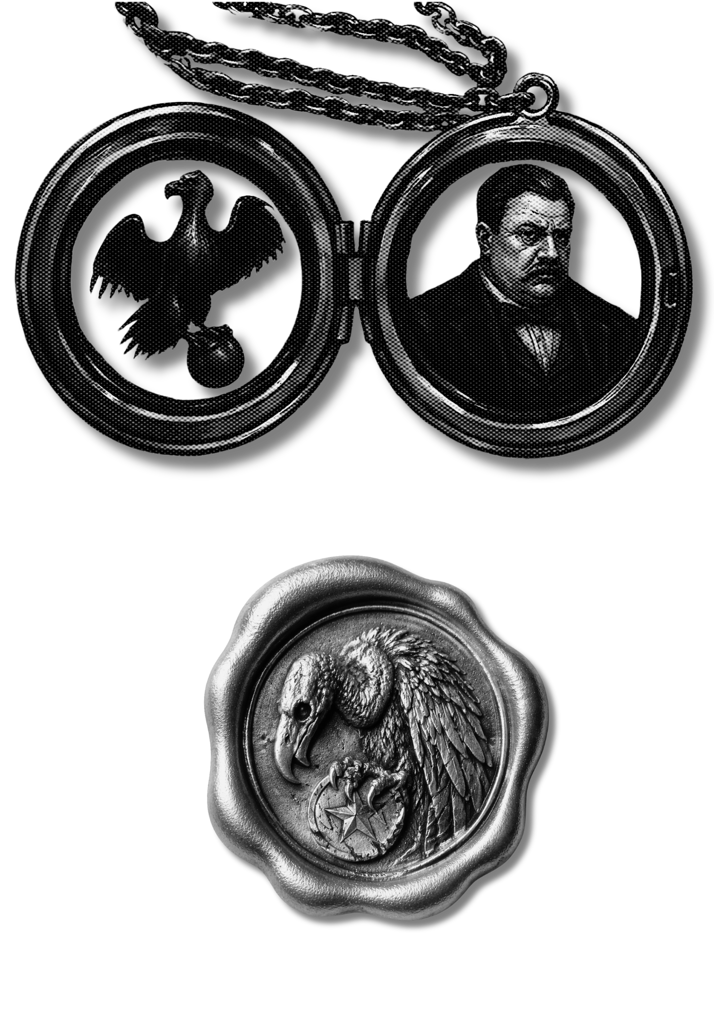 Black and white photo of a pocket watch with an eagle on the cover, and a photograph of a man with glasses and a mustache inside the watch.