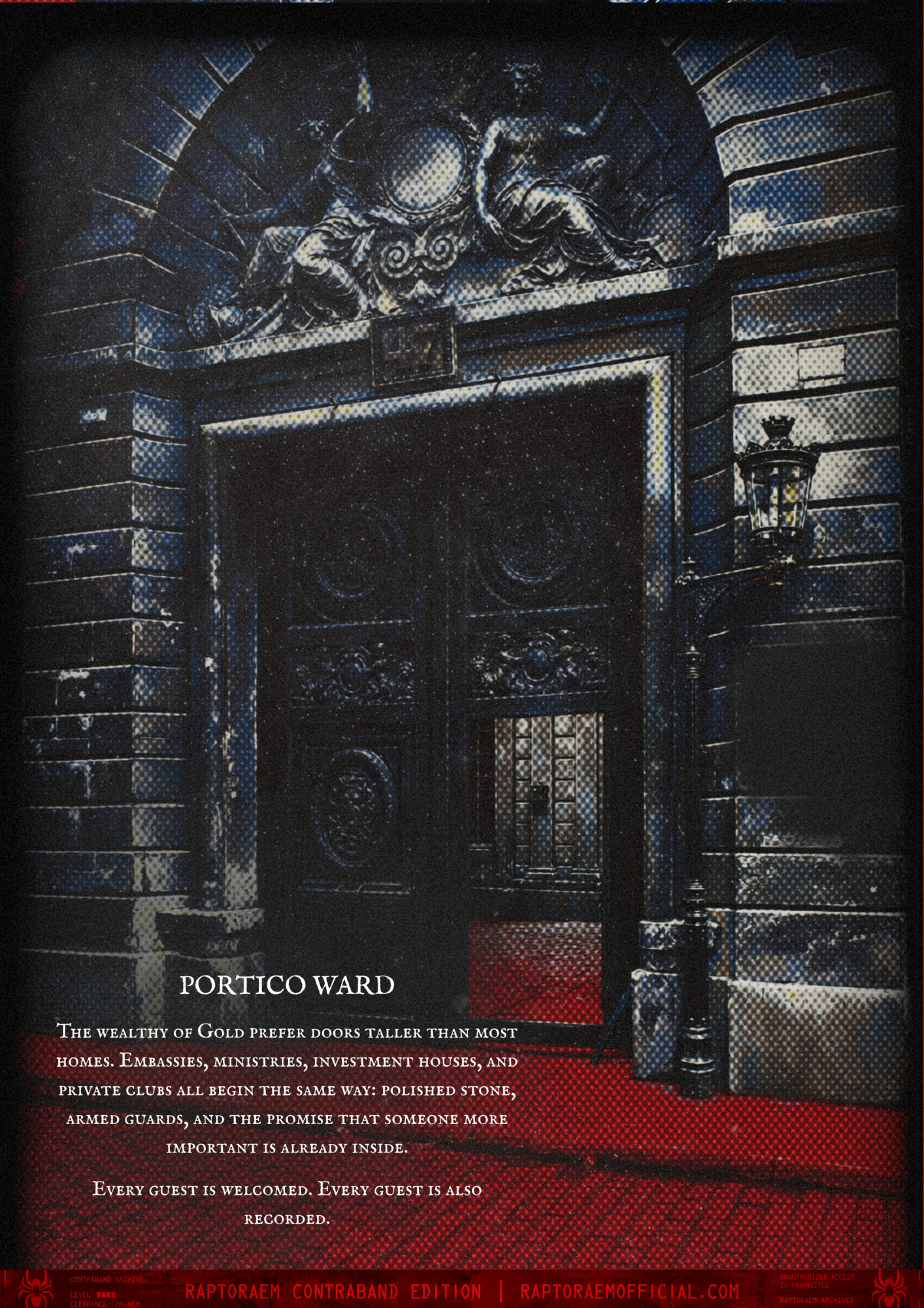 An ornate, dark-colored gate with intricate gold designs and sculptures of mythical creatures is shown. It is part of a larger building or enclosure, with a lantern mounted on a post to the right. The image has a textured, pixelated effect.