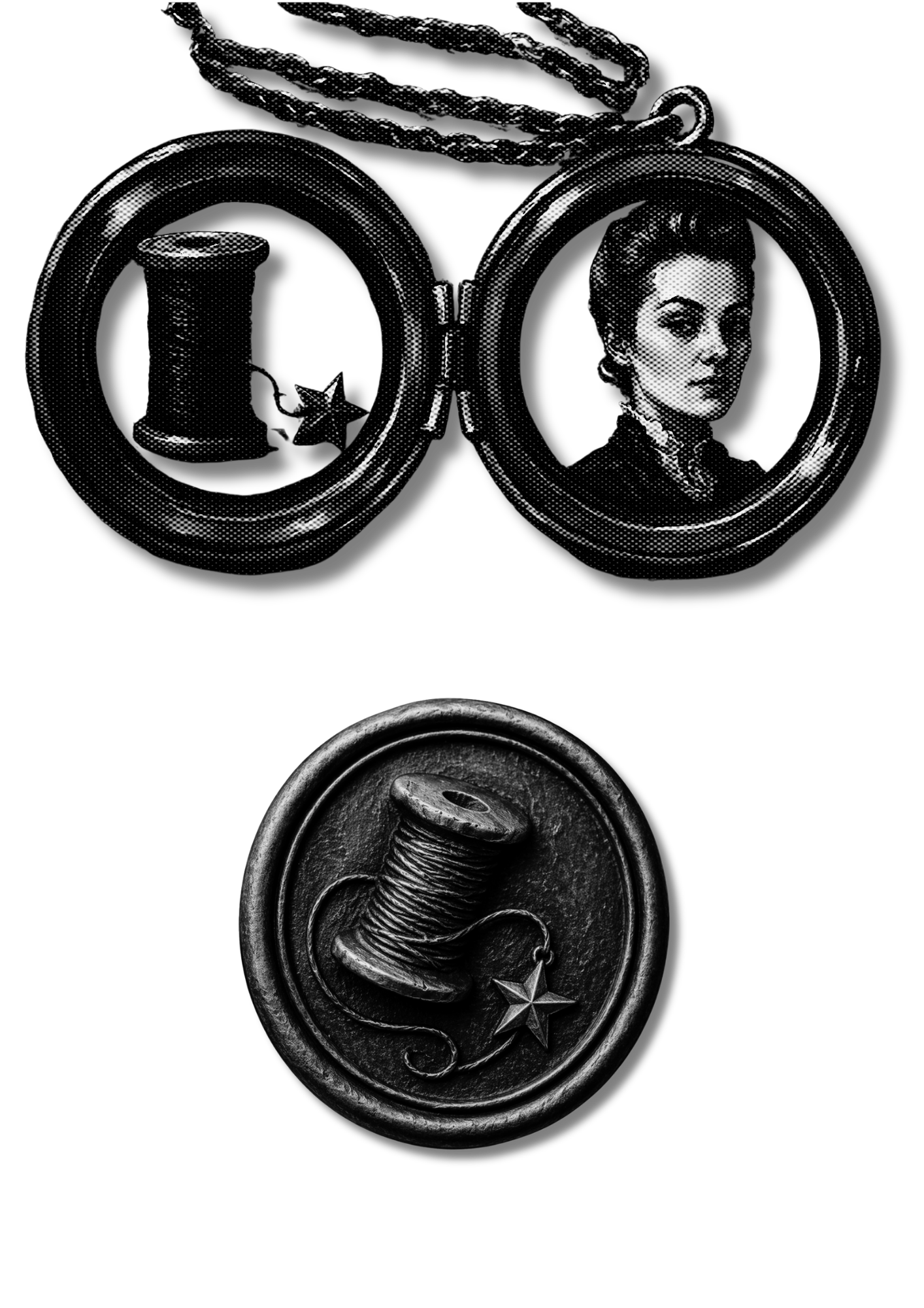 Black and white photograph of a medal with a woman's portrait, a can and a medal with a hook and star in the background.