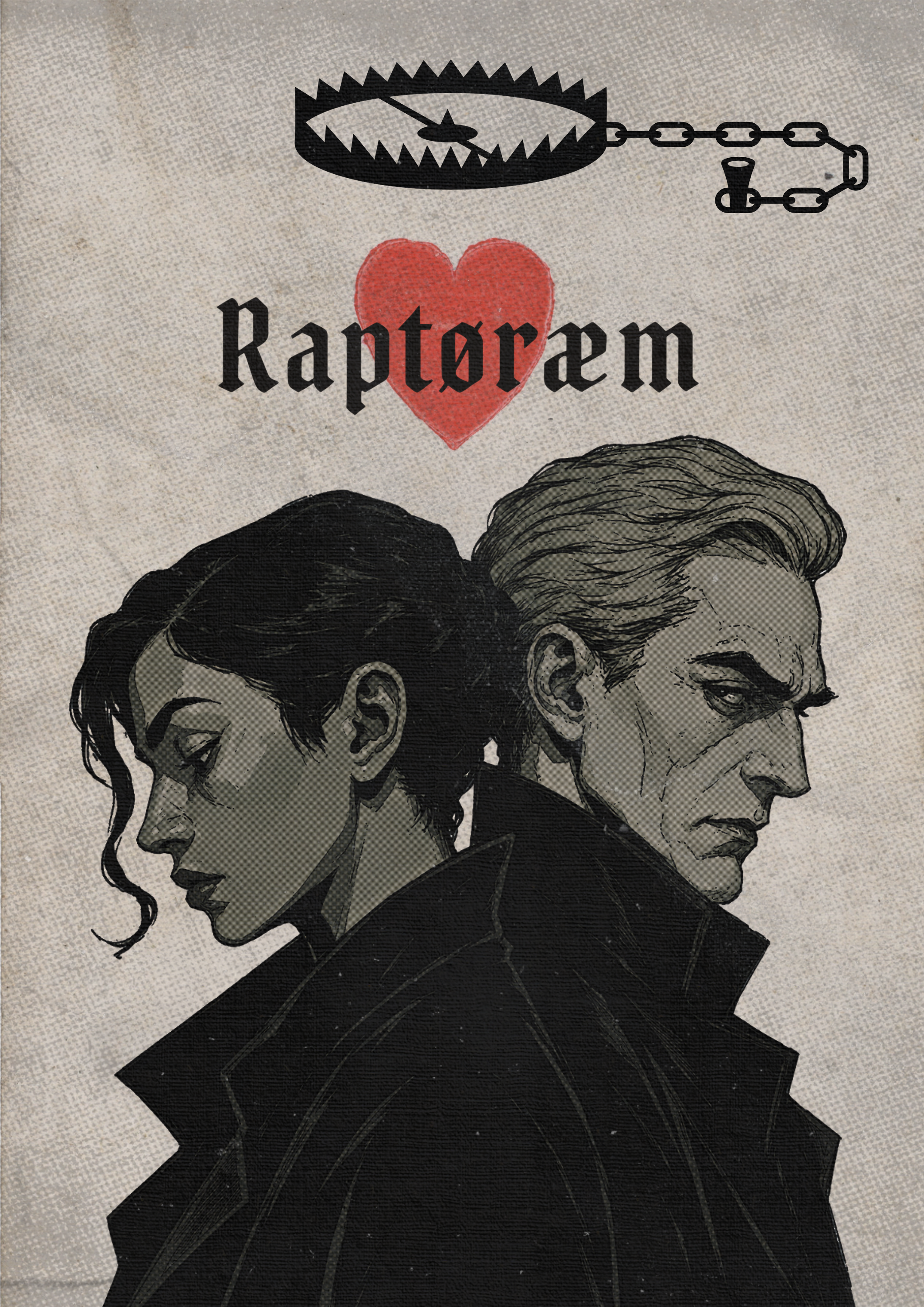 Drawing of a man and woman in profile facing opposite directions, with a red heart and stylized clock above them, and the word 'Raptoresm' in gothic script.