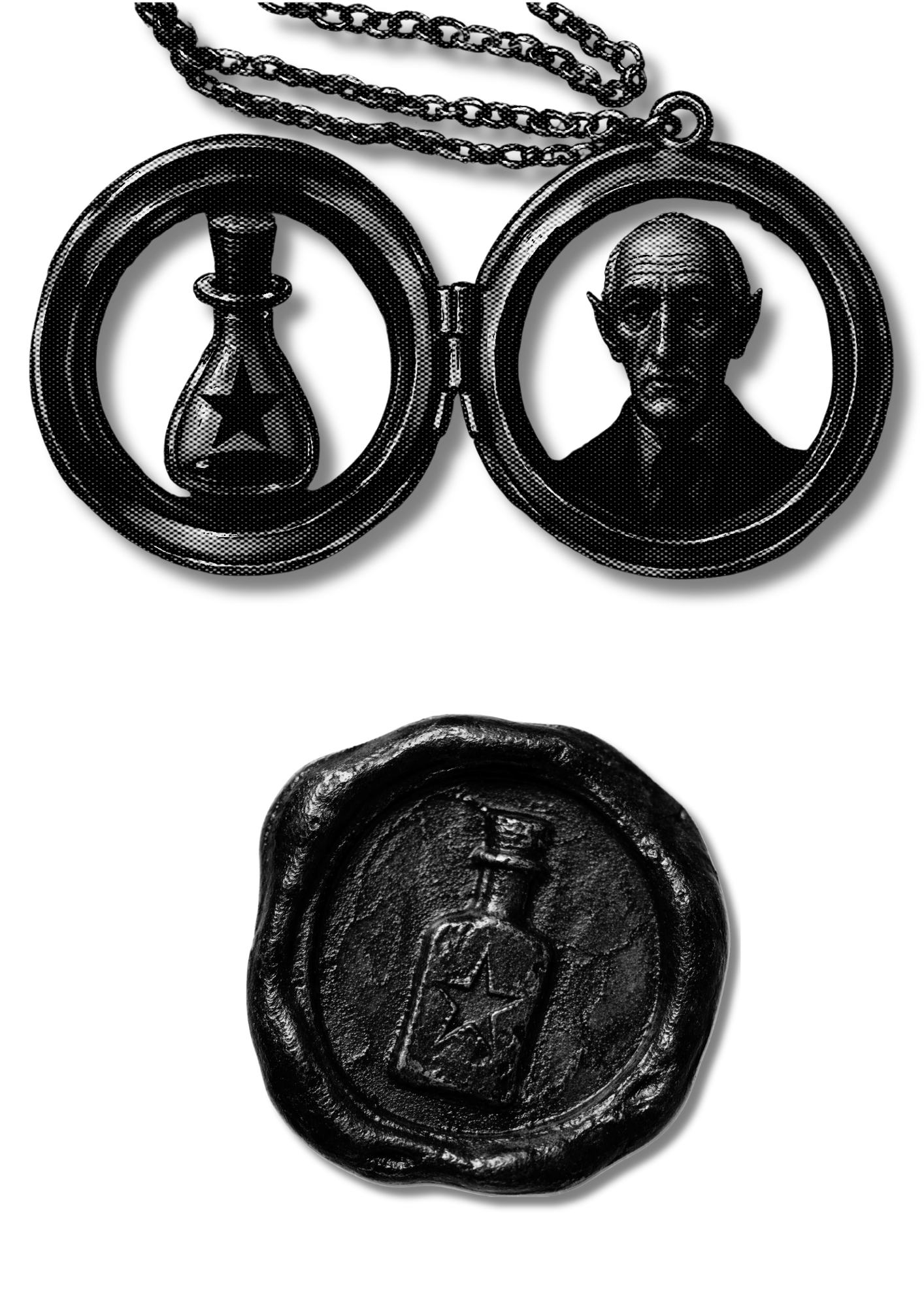 Black wax seal with an embossed symbol of a hammer, nails, and a star.