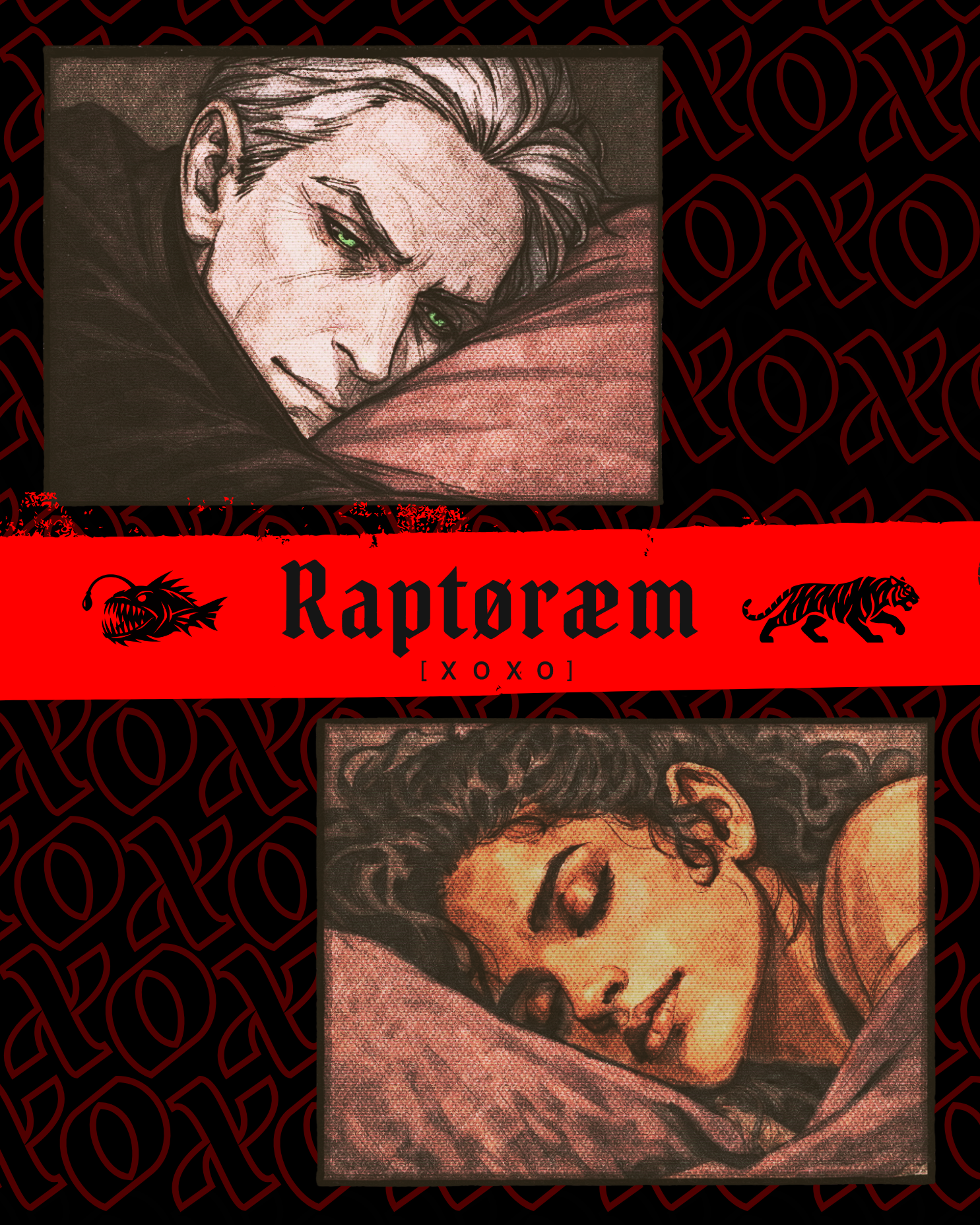 Artistic illustrations of two people, one with light hair and green eyes, and the other with dark hair and closed eyes, set against a dark background with a red Raptoraem logo and text.