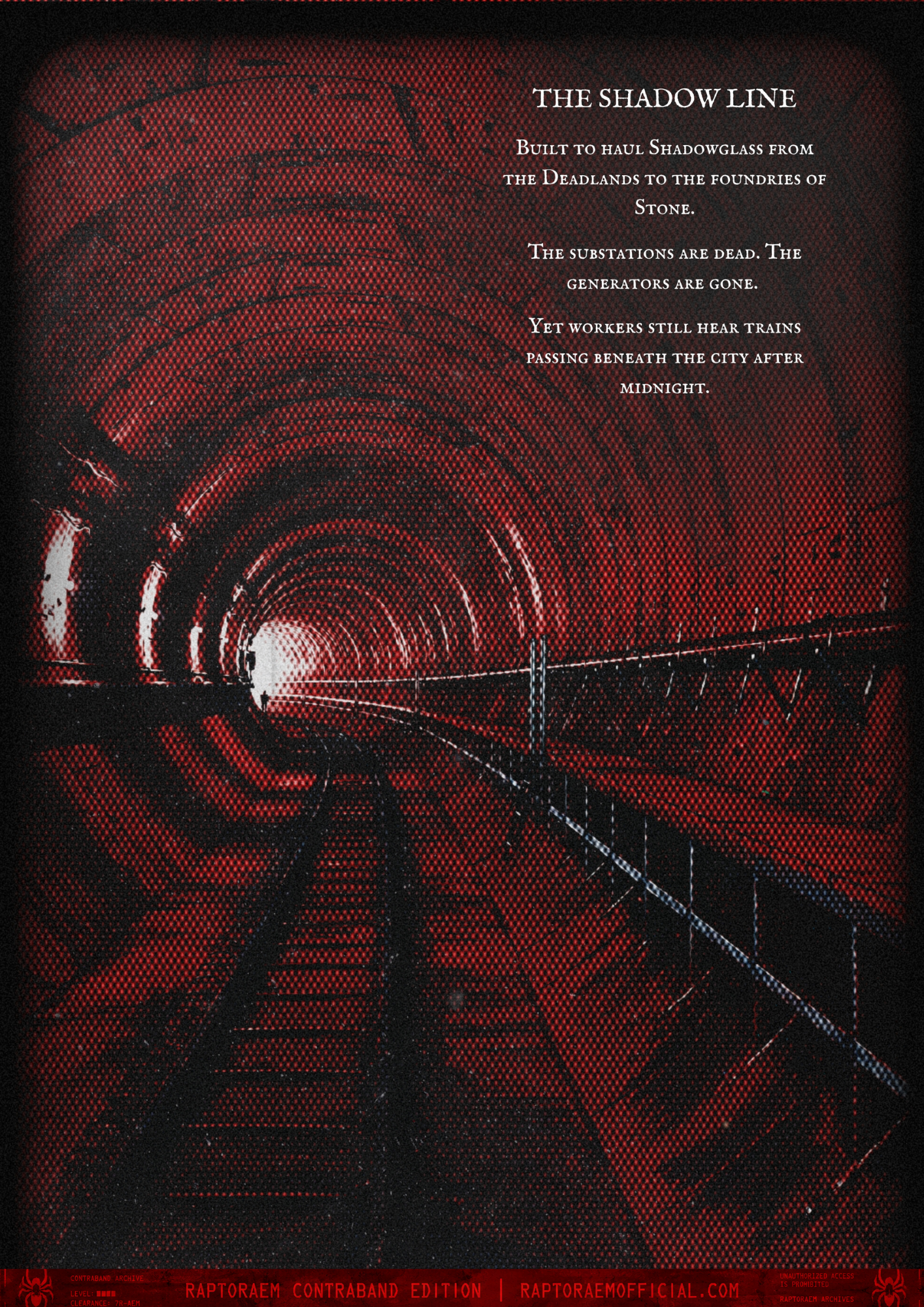 A tunnel with a red and black color scheme, featuring a digital art style with dotted patterns, tunnel lights, and railway tracks. Overlayed text on the right side provides poetic description of the scene.
