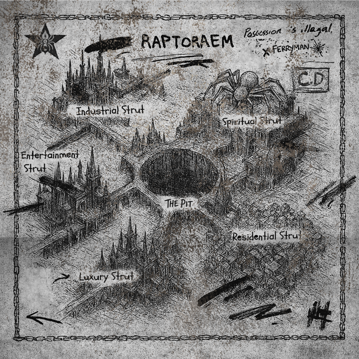 A black and white sketch of a map called 'Raptoraem' showing various city zones such as Industrial Strut, Entertainment Strut, Luxury Strut, Residential Strut, and The Pit, with a large spider labeled 'Spiritual Strut' and a cityscape in the background.