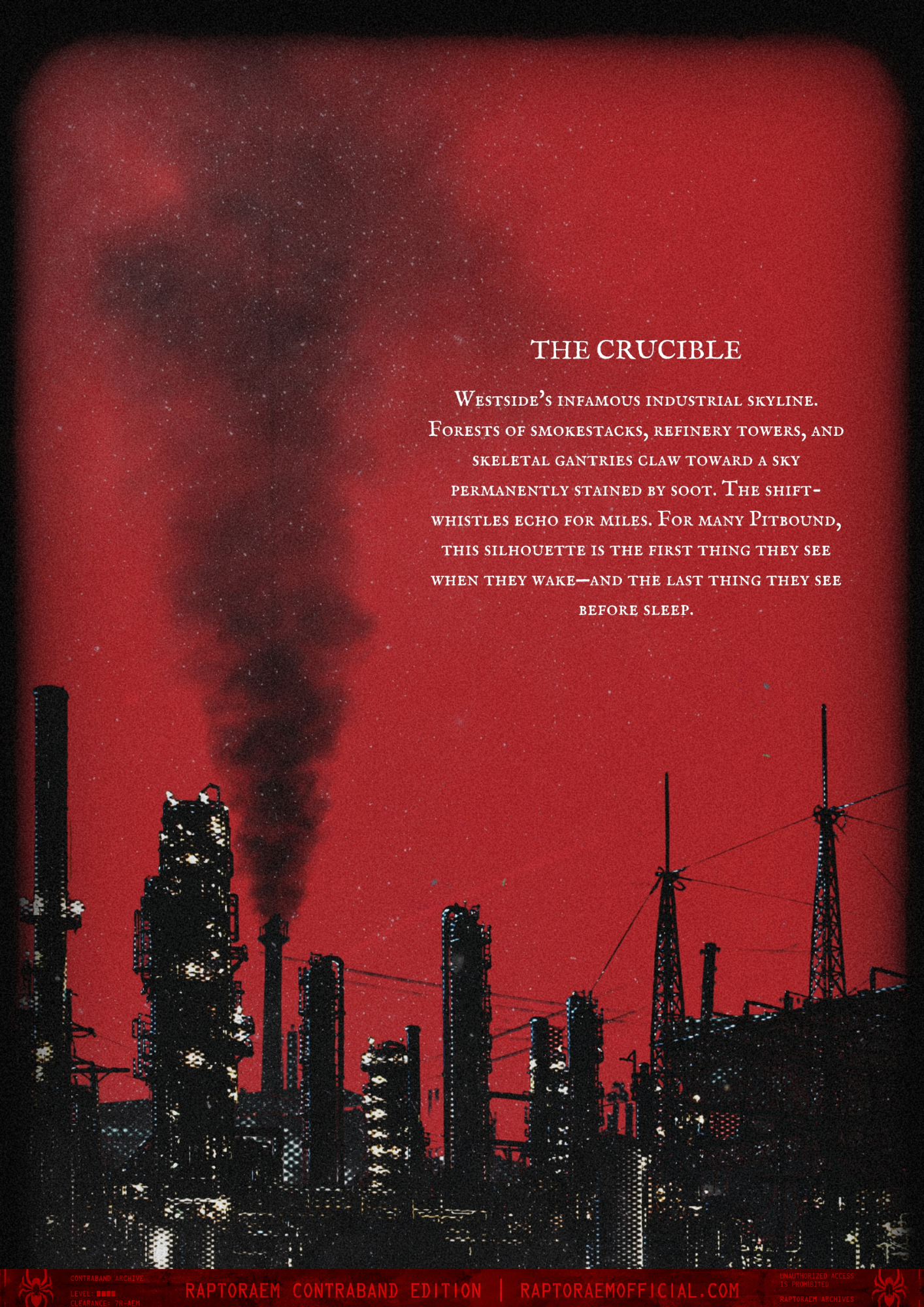 Industrial skyline at night with dark red sky and black smoke emissions from factory chimneys, featuring various industrial structures and towers.