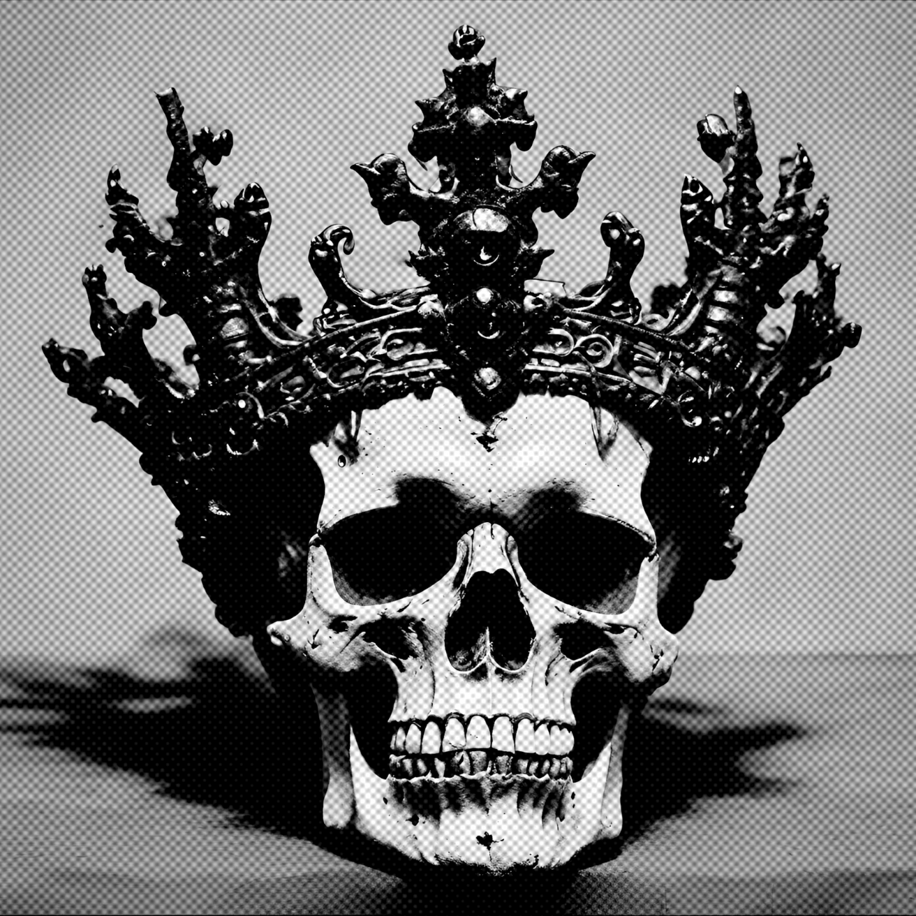 Black and white image of a human skull wearing sunglasses and a large ornate crown.