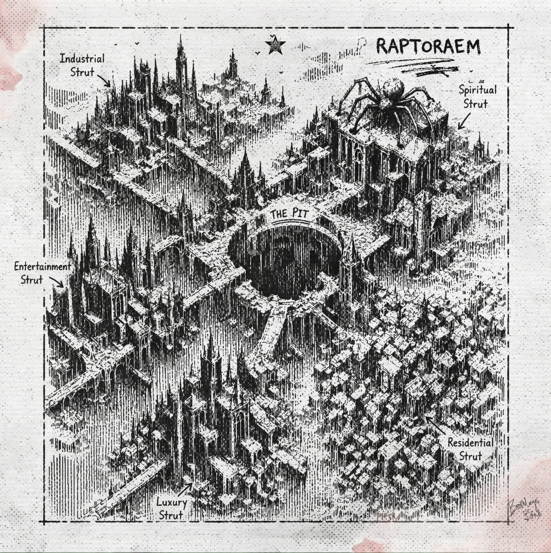 Drawing of a city with labeled zones: industrial, residential, luxury, spiritual, and entertainment, with a central pit and a large spider on top.