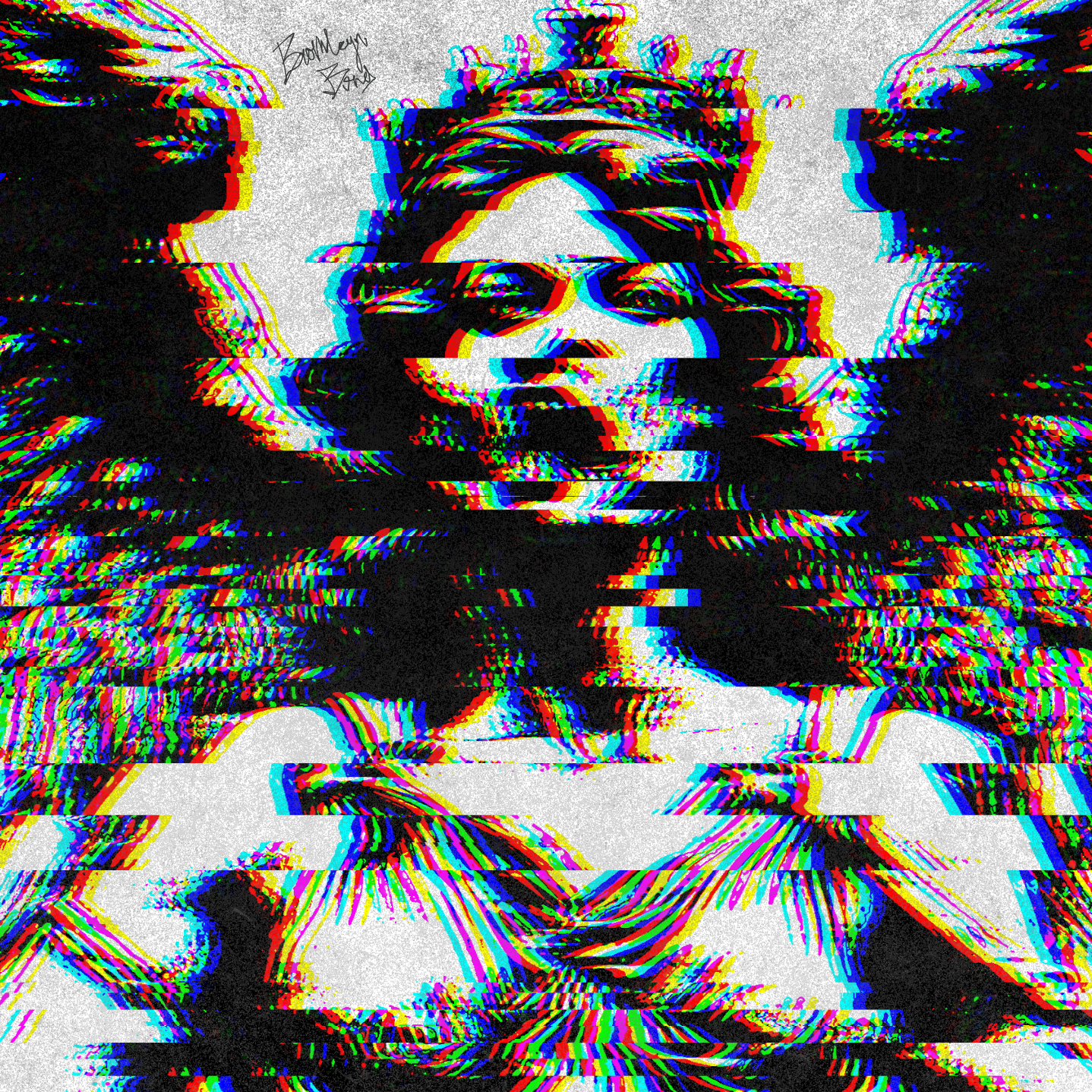 Digital glitch art of a woman's portrait with colorful distortion effects, resembling a VHS tape error.