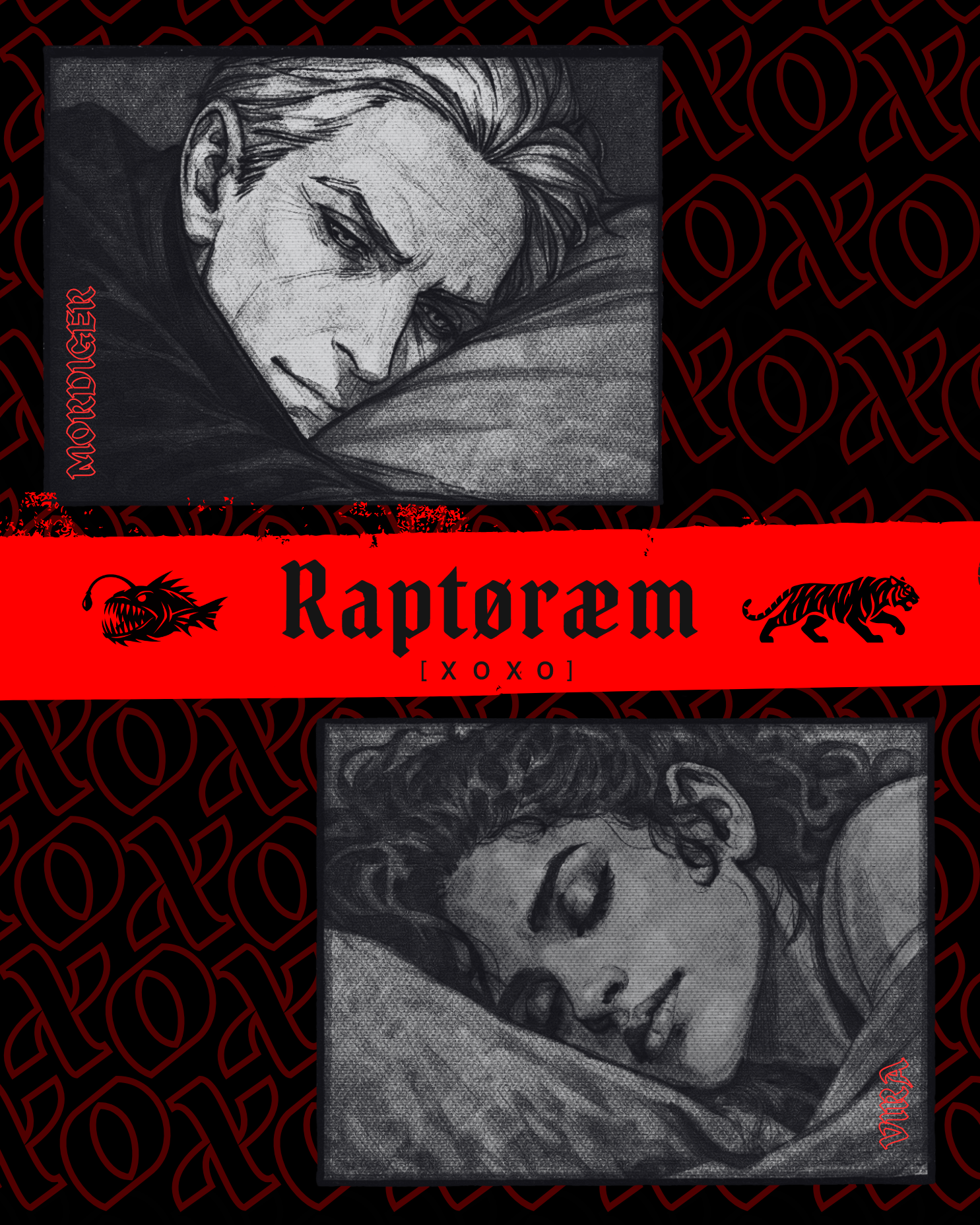 Black and white pencil sketch portraits of two women with closed eyes, lying down, on a background with red and black repeating pattern and text that reads 'Raptoraem'.