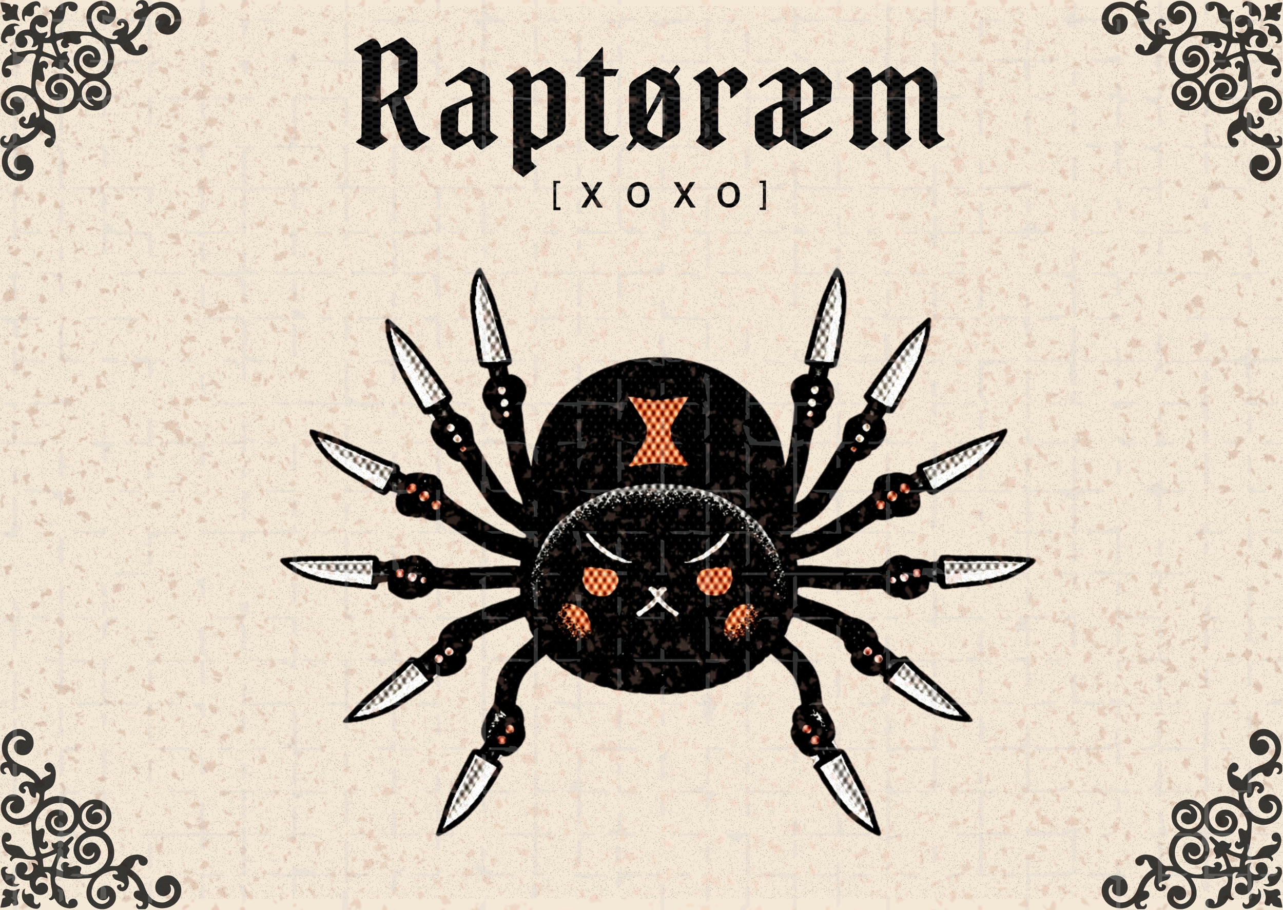 Decorative poster featuring the word 'Raptoraem' at the top, with a skull and spider illustration below. The skull has an hourglass on its forehead and is surrounded by four crossed knives. The poster has black ornate corner designs.