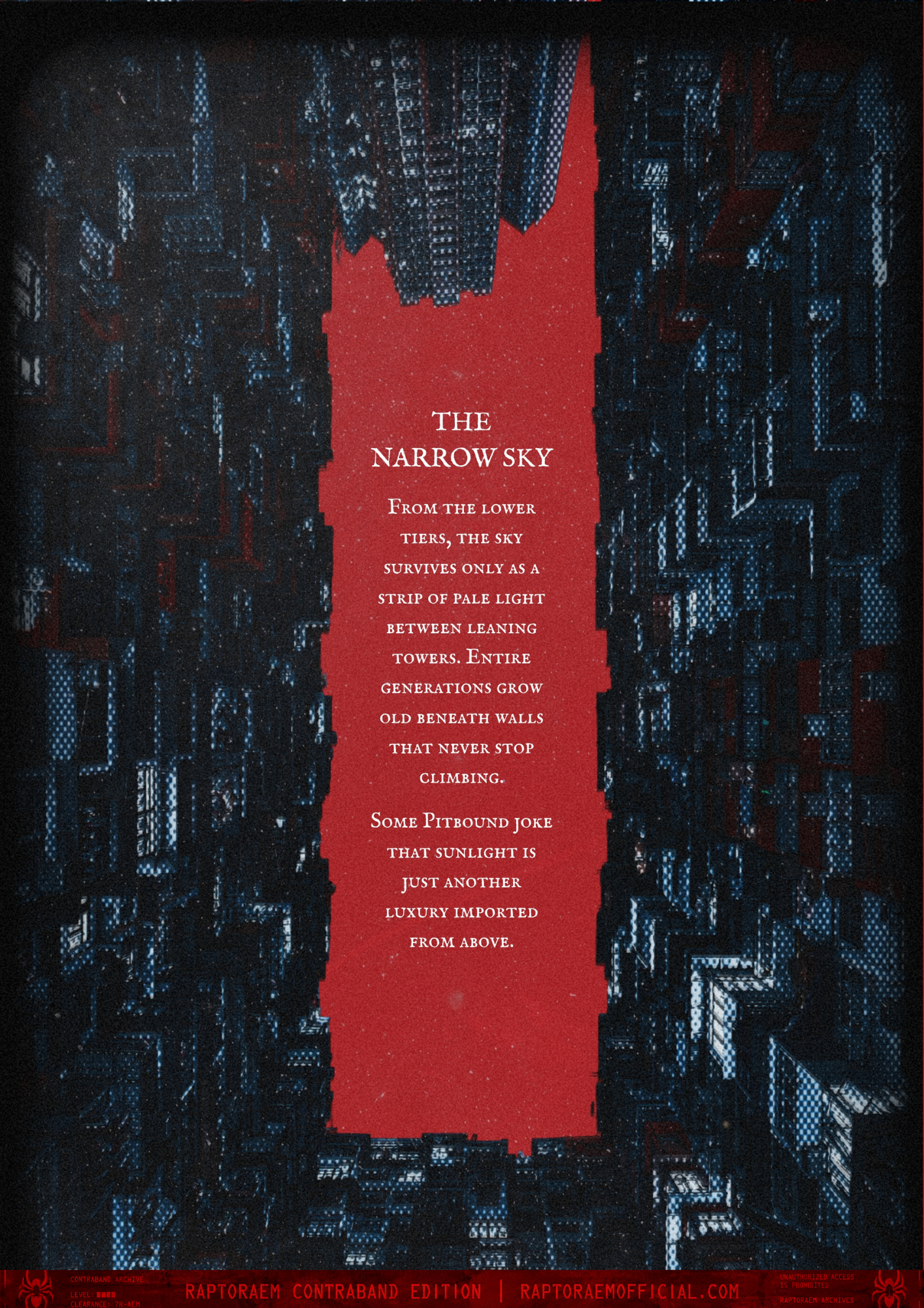 A cityscape at night with tall buildings illuminated by blue lights. In the center, a red vertical strip contains white text discussing the city’s skyline. The text reads: "The narrow sky, from the lower tiers, the sky survives only as a strip of pal
