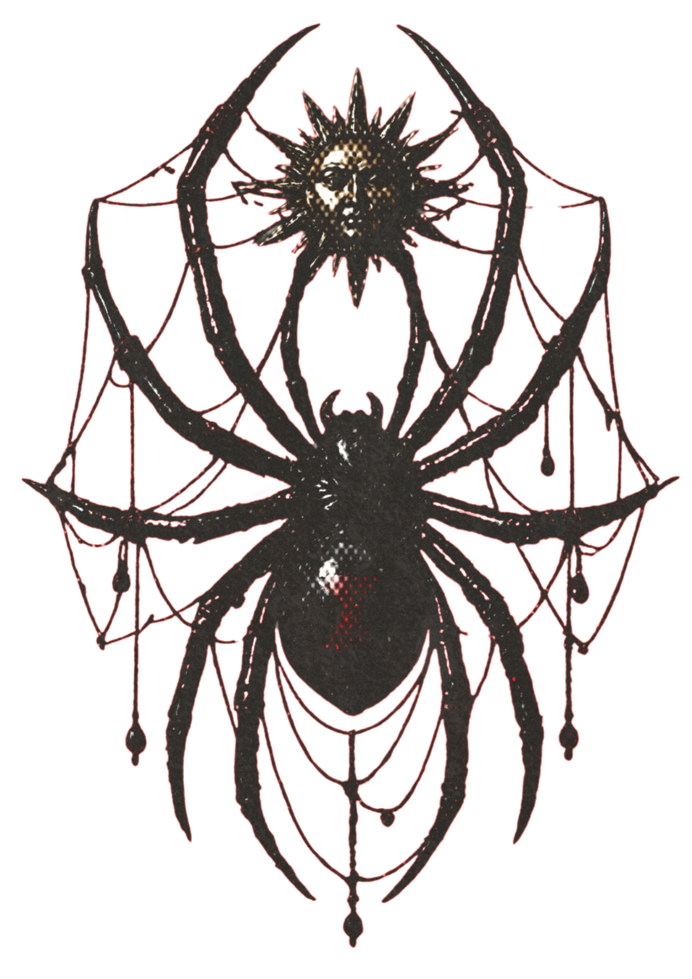 A graphic design featuring Spider-Man with a splattered ink effect, with the Statue of Liberty's face inside the spider's head, against a red background.
