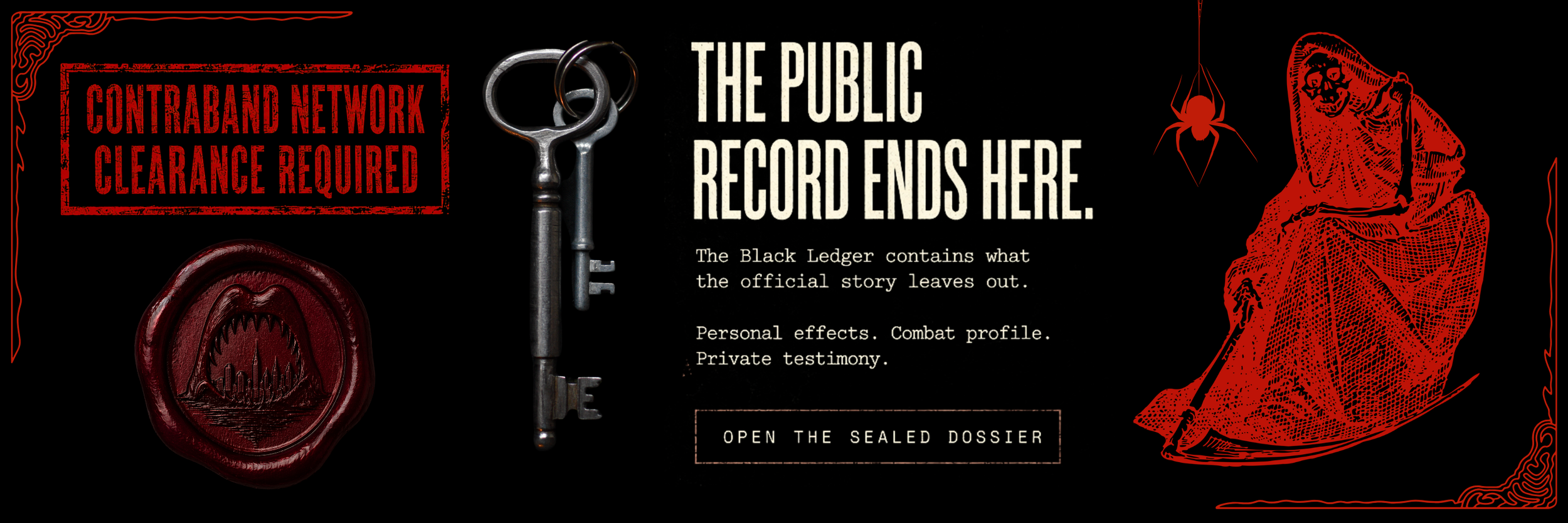 Promotional graphic for The Black Ledger, featuring a red wax seal with a shark and cityscape, a pair of keys, and illustrations of a spider and a mummy. Text highlights the end of record-keeping, with a call to open the sealed dossier, and mentions contraband network clearance.