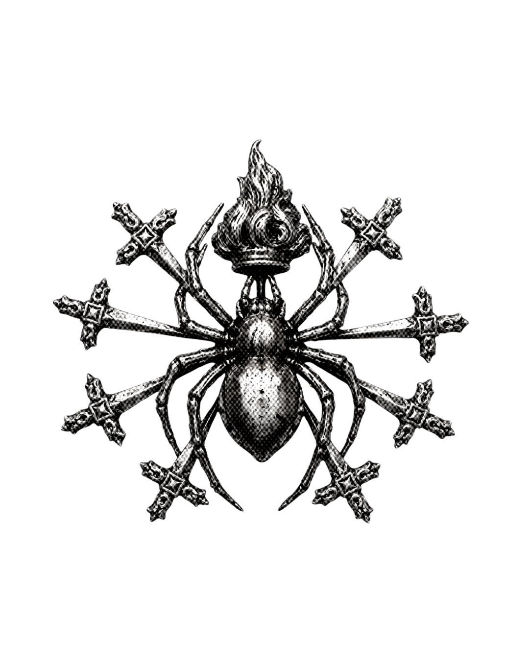 A black and white illustration of a spider with a flame on top of its body, and swords crossing behind it on a black background.