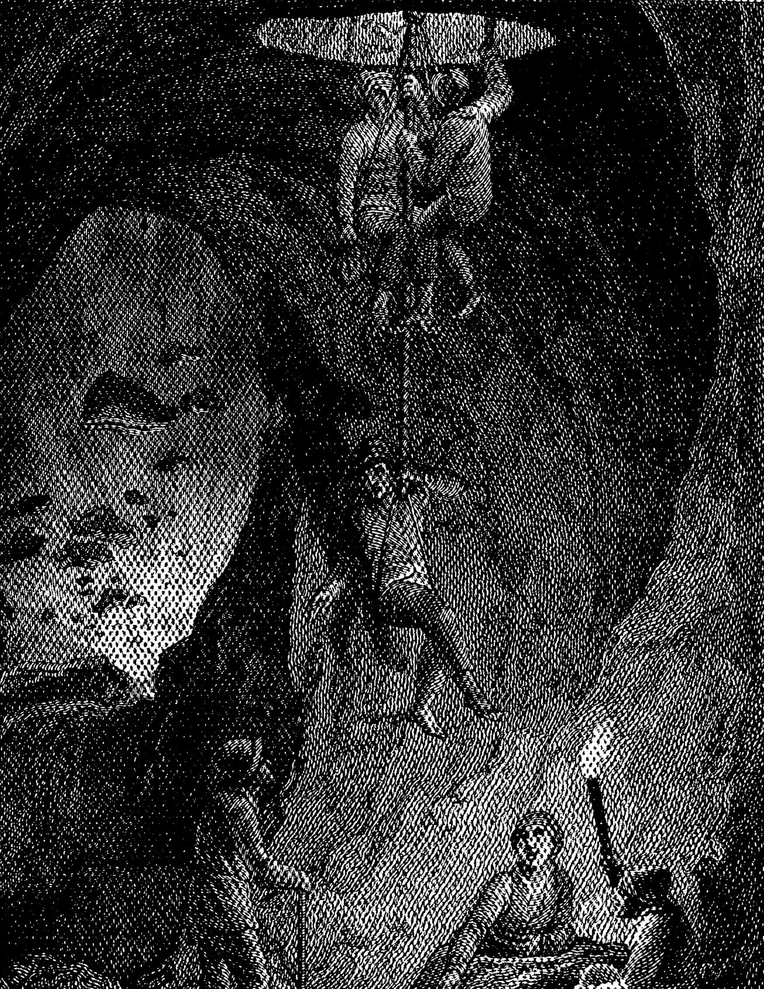 Close-up of a detailed black-and-white engraved illustration of a mine shaft.