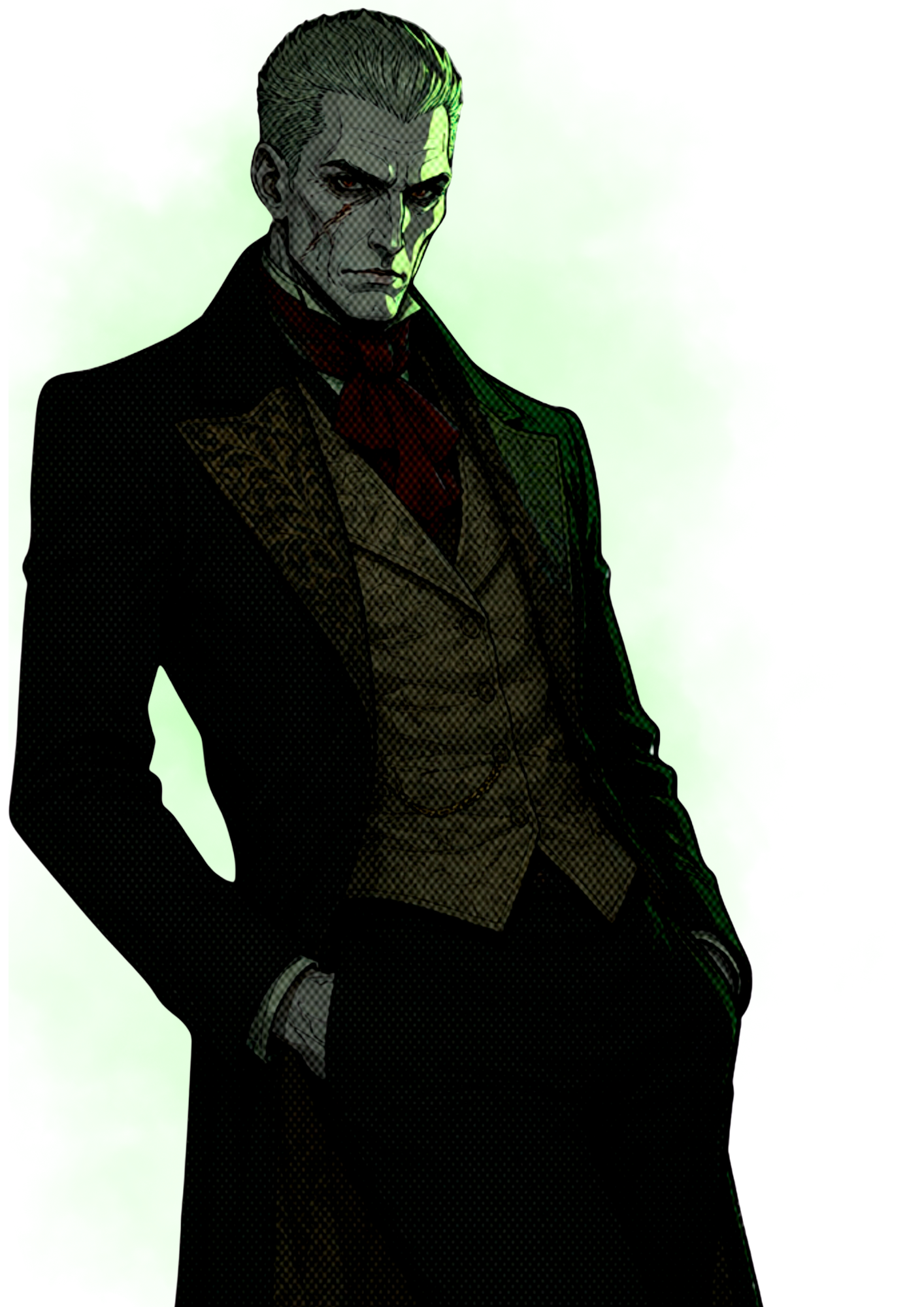A drawing of a man with slicked-back hair and a serious expression, dressed in a dark coat and red scarf, standing against a green background with a shadowed and pixelated effect.