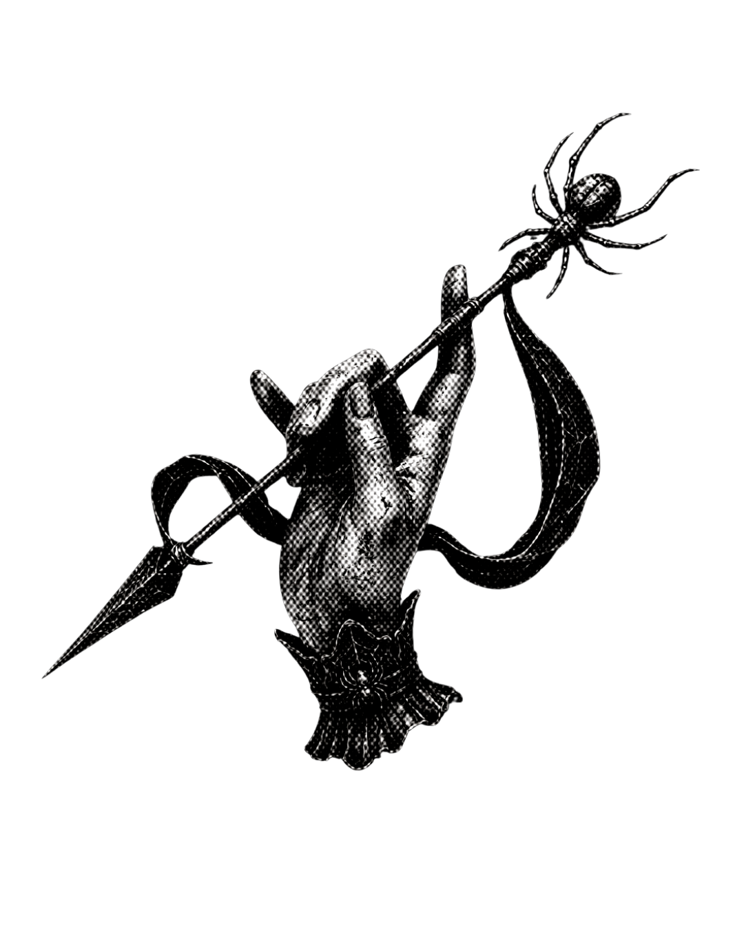 A black and white depiction of a hand holding a staff with a spider and web embellishments, against a black background.