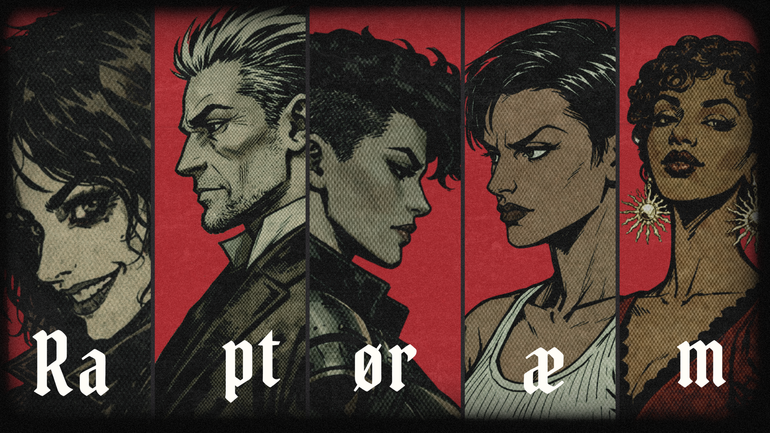 A digital illustration of five diverse people in profile, each with distinctive hairstyles and expressions, set against a red background with partial white gothic-style text at the bottom.