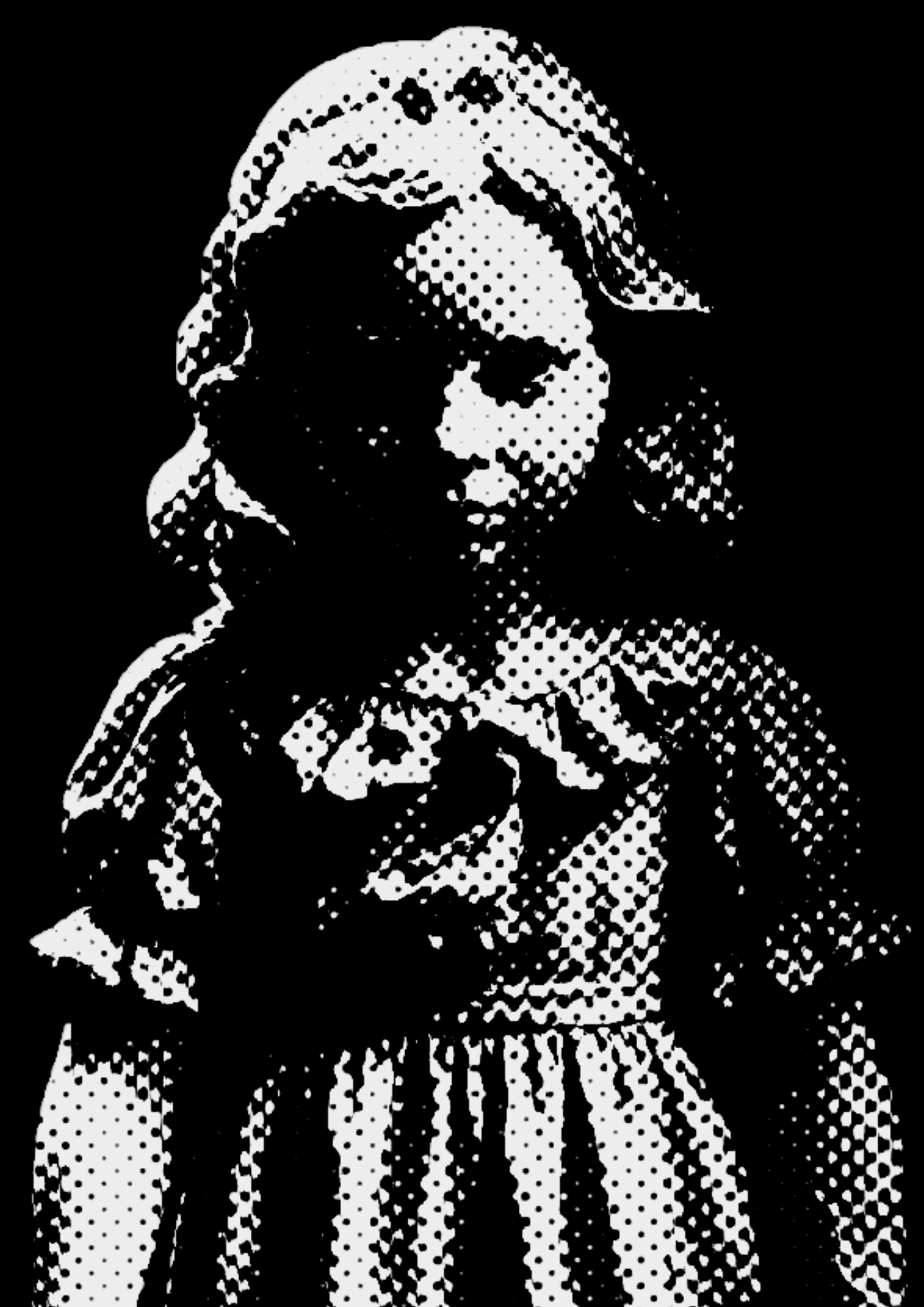 A black-and-white halftone illustration of a woman with hand on her forehead, wearing a collared outfit and earrings.