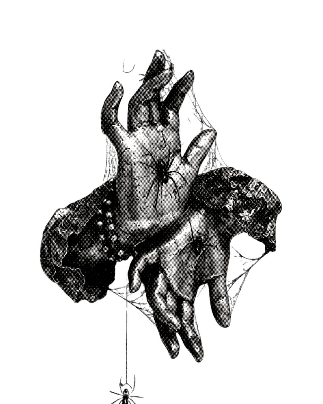 Black and white artistic illustration of two hands with a spider on the palm of the upper hand, surrounded by snakes and jewelry.