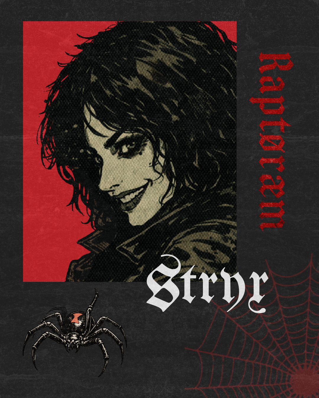 A comic-style illustration featuring a woman with dark, curly hair winking and smiling, with the words 'Strouer' and 'Raphtoria 2023' and a spider web with a spider on a dark background.