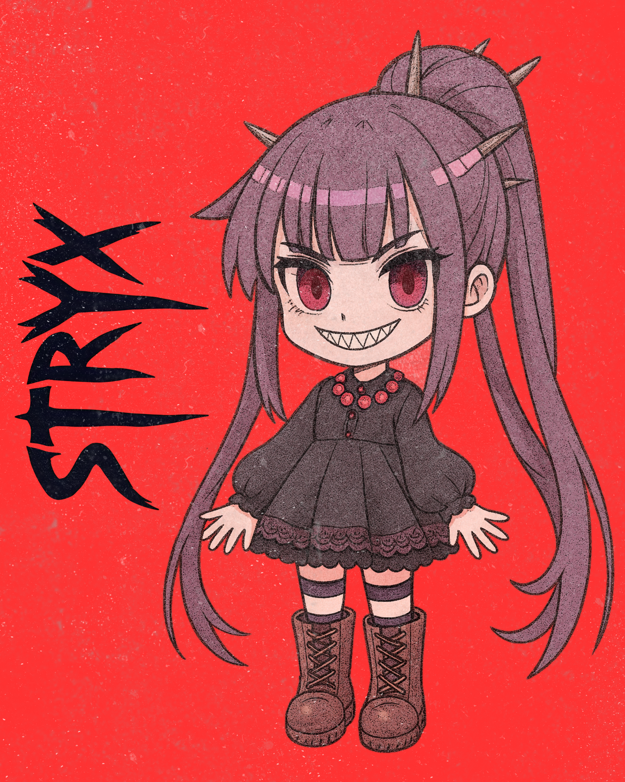 Anime-style illustration of a girl with long purple hair with spikes, red eyes, a mischievous smile with sharp teeth, wearing a black dress with red accessories, striped stockings, and combat boots, standing against a red background with black Japanese characters on the left.
