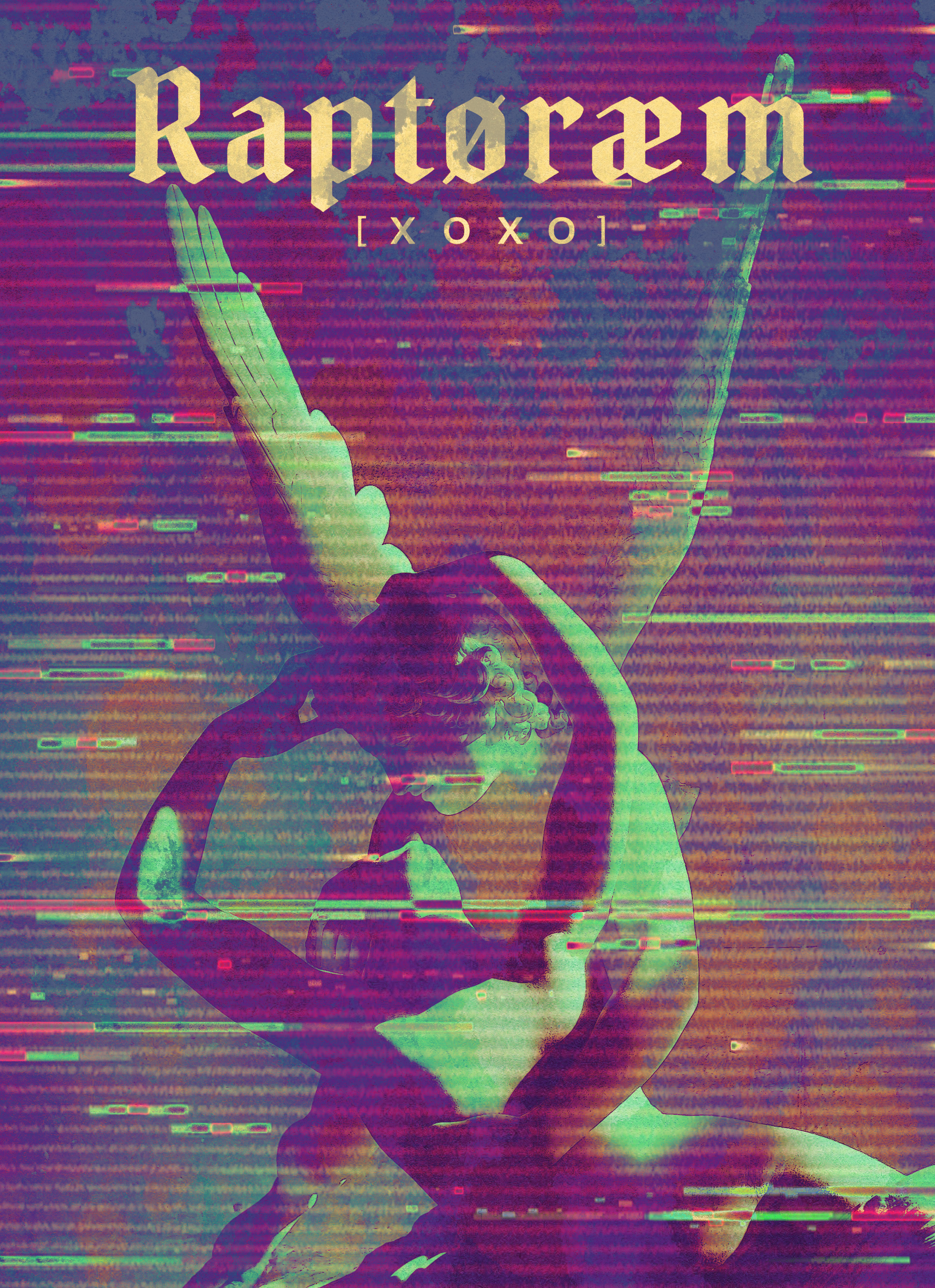 Silhouette of a person with hand on chin, wearing glasses and jacket, with the word 'Raptorium' and '[XOXO]' in front of a distorted, colorful background with horizontal lines.
