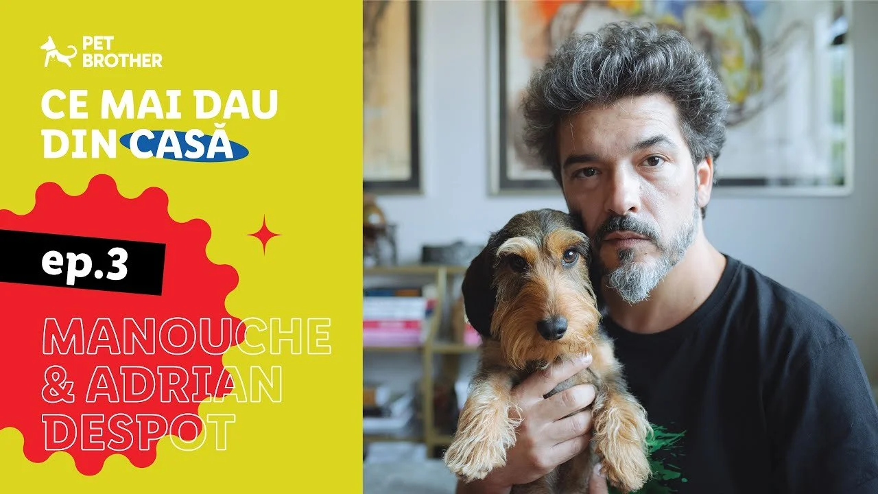 A man with gray curly hair and a beard holding a small dog, with a background of a room with windows and colorful curtains. The left side features a bright yellow background with text and graphics related to a pet-focused show.