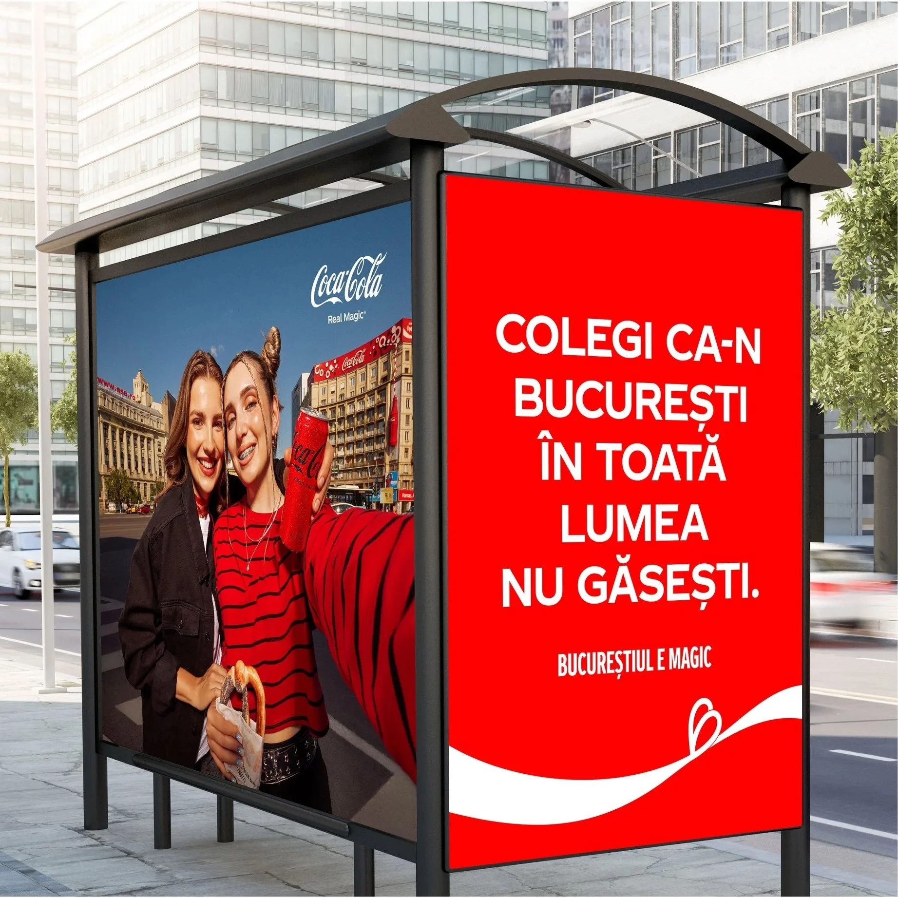 An outdoor billboard featuring two young women smiling and taking a selfie, with a city street background. The billboard includes Coca-Cola branding. Next to the image, there is a red section with Romanian text promoting a school in Bucharest.