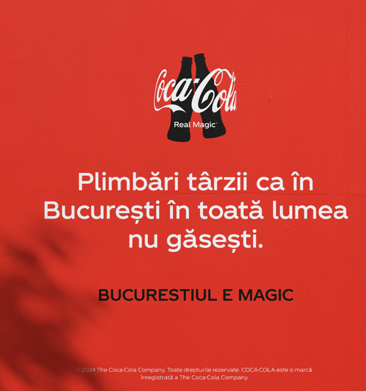 Red background with Coca-Cola logo and two black bottles in the center. Romanian text promoting Budapest as a city of magic, comparing city lights to the magic of Budapest.