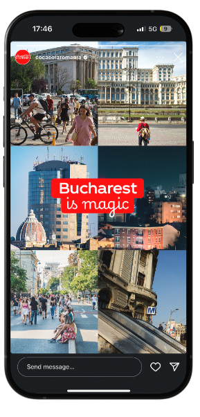 A collage of various scenes from Bucharest, Romania, including city streets, buildings, and people, with a red text overlay that says 'Bucharest is magic.'