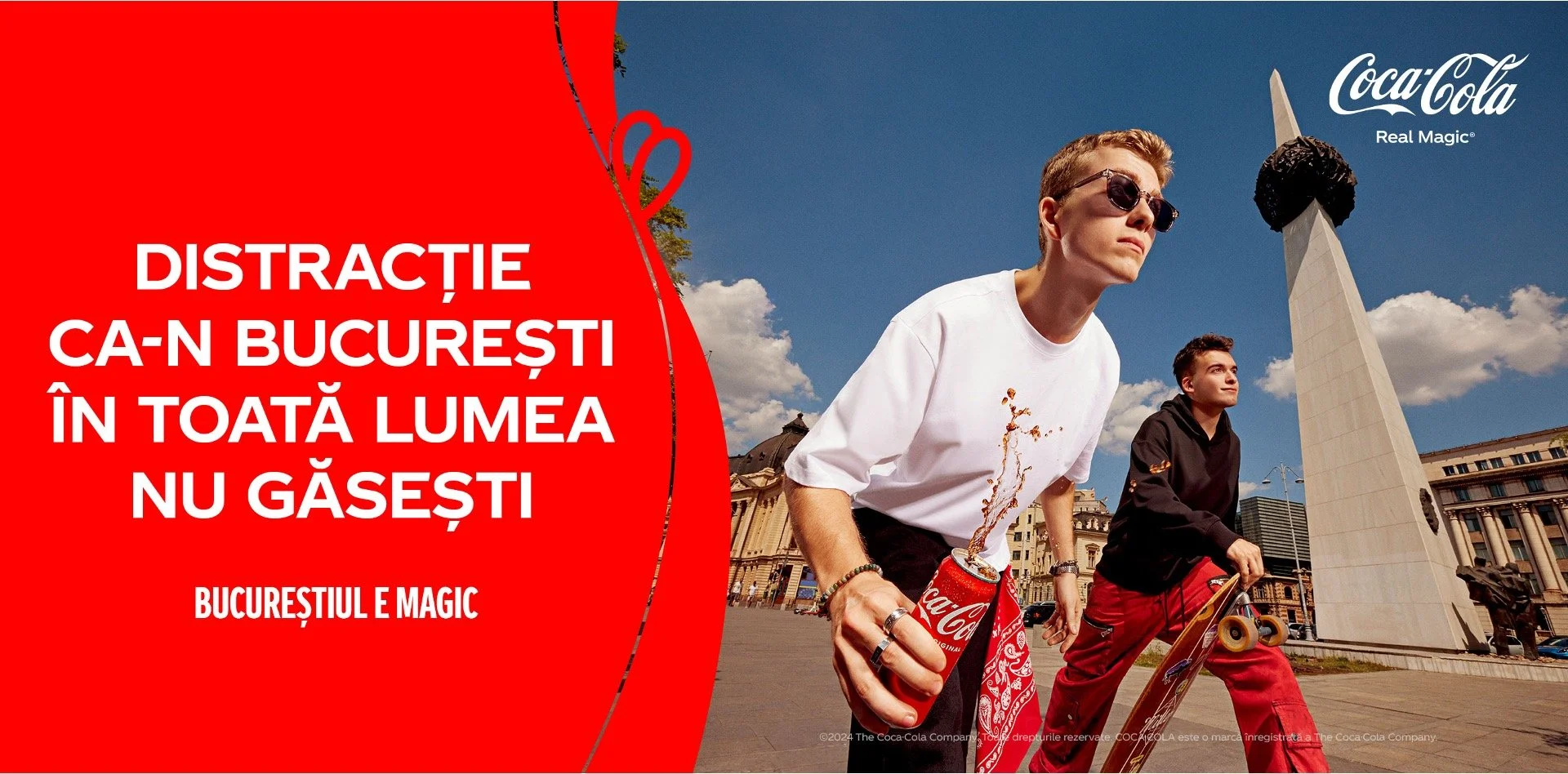 Two young men in an urban square with a monument, one wearing sunglasses and holding a can of Coca-Cola, the other with a skateboard, under a blue sky with clouds, advertising Coca-Cola in Romanian.
