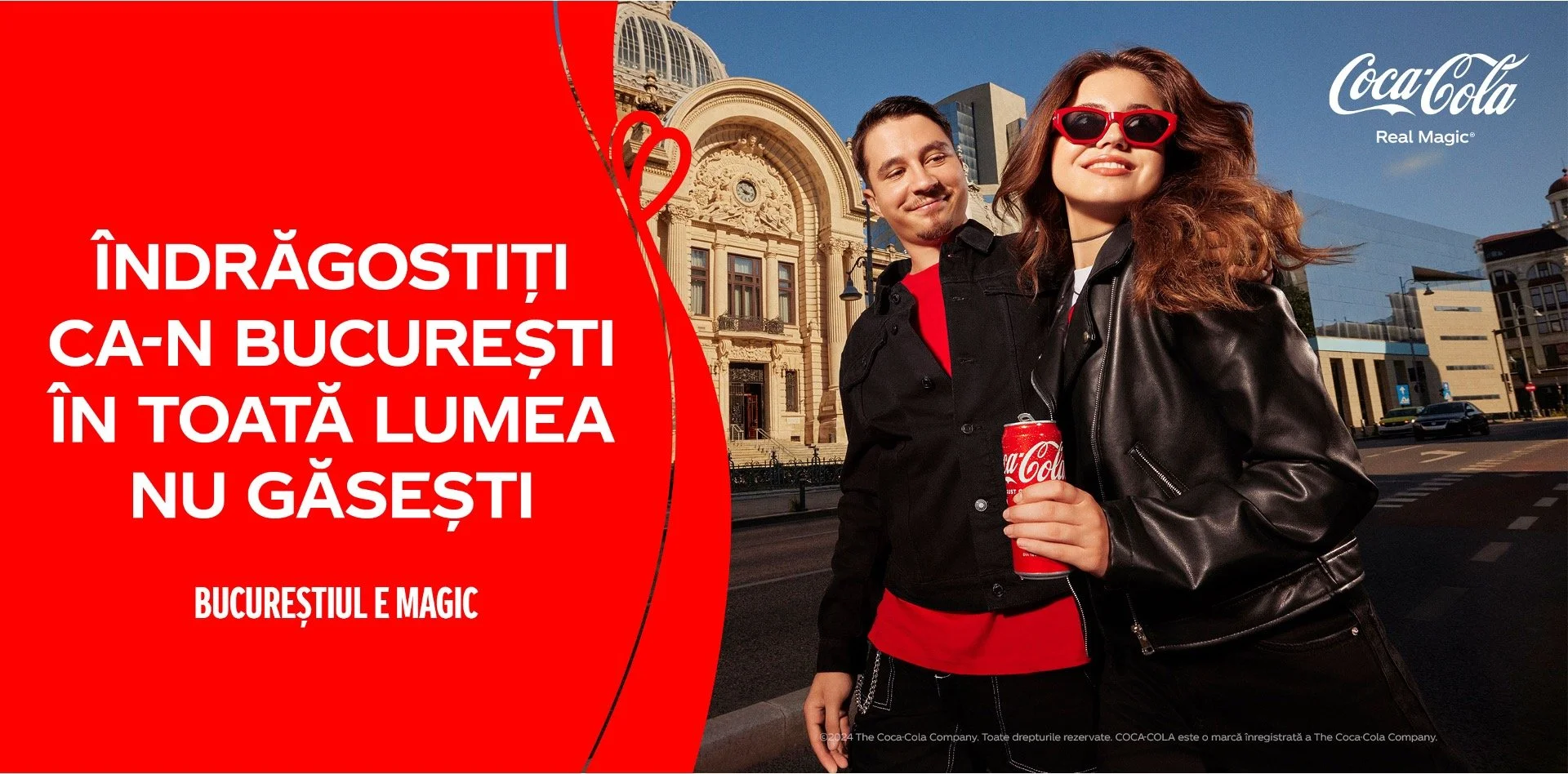 A Coca-Cola advertisement featuring a young man and woman standing outdoors in front of a historic building in Bucharest, Romania, with the woman wearing sunglasses and holding a can of Coca-Cola. The left side has a red background with white Romanian text.