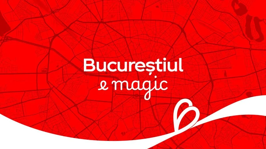 Red map background with the text 'Bucurestiul & magic' in the center and a white decorative element at the bottom right.