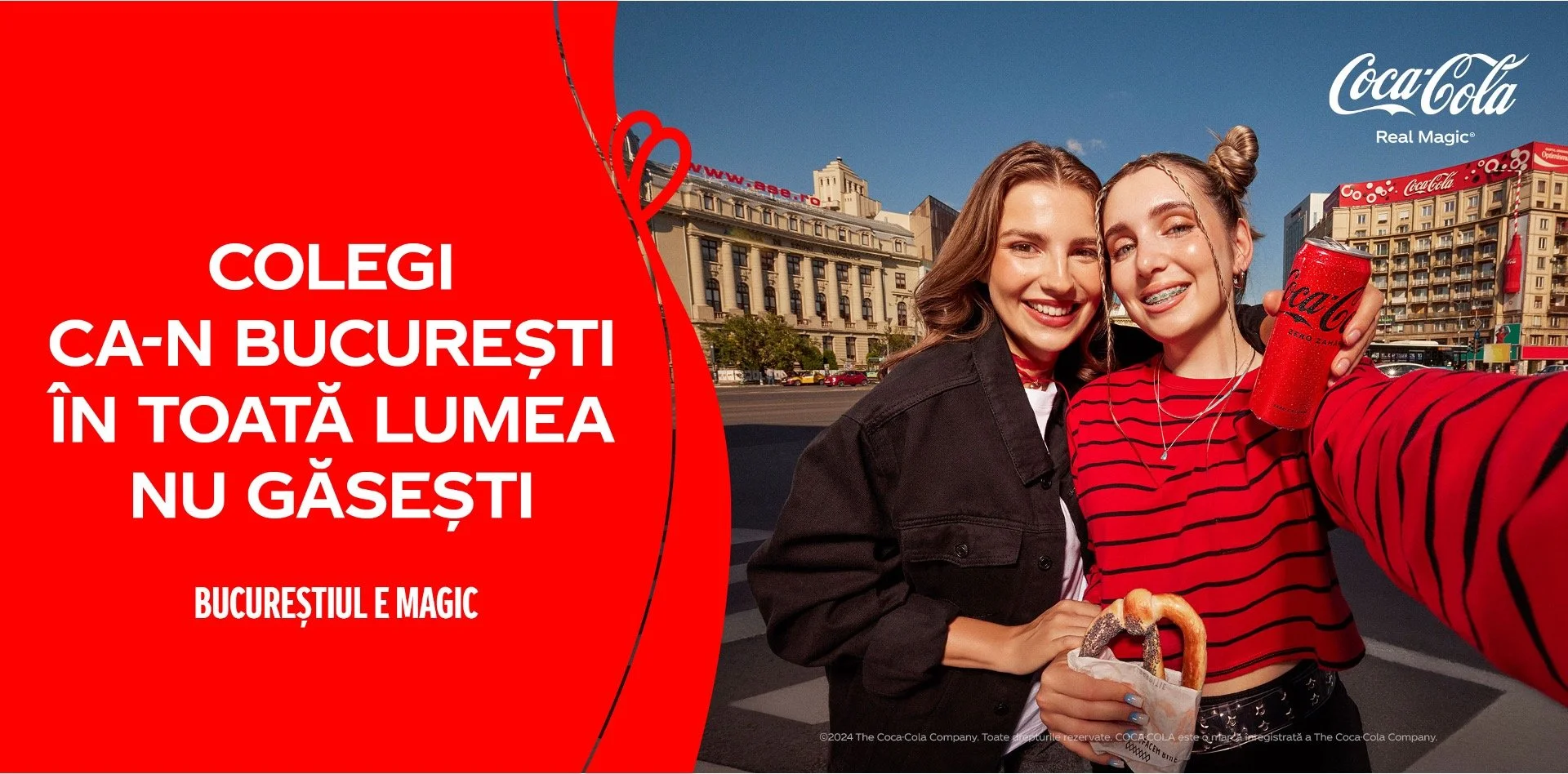 Two young women taking a selfie on a city street in Bucharest, Romania, with Coca-Cola branding visible on a building and can, holding snacks and wearing casual clothing, with a red promotional banner on the left side.
