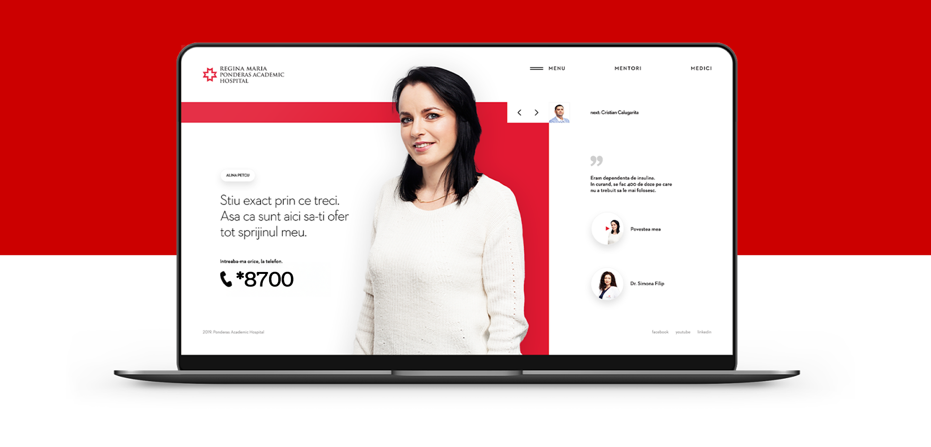 A laptop displaying a medical hospital website with a woman in a white sweater, smiling, on the screen; the website features red and white colors, hospital logo, navigation menu, and contact information with a phone number.
