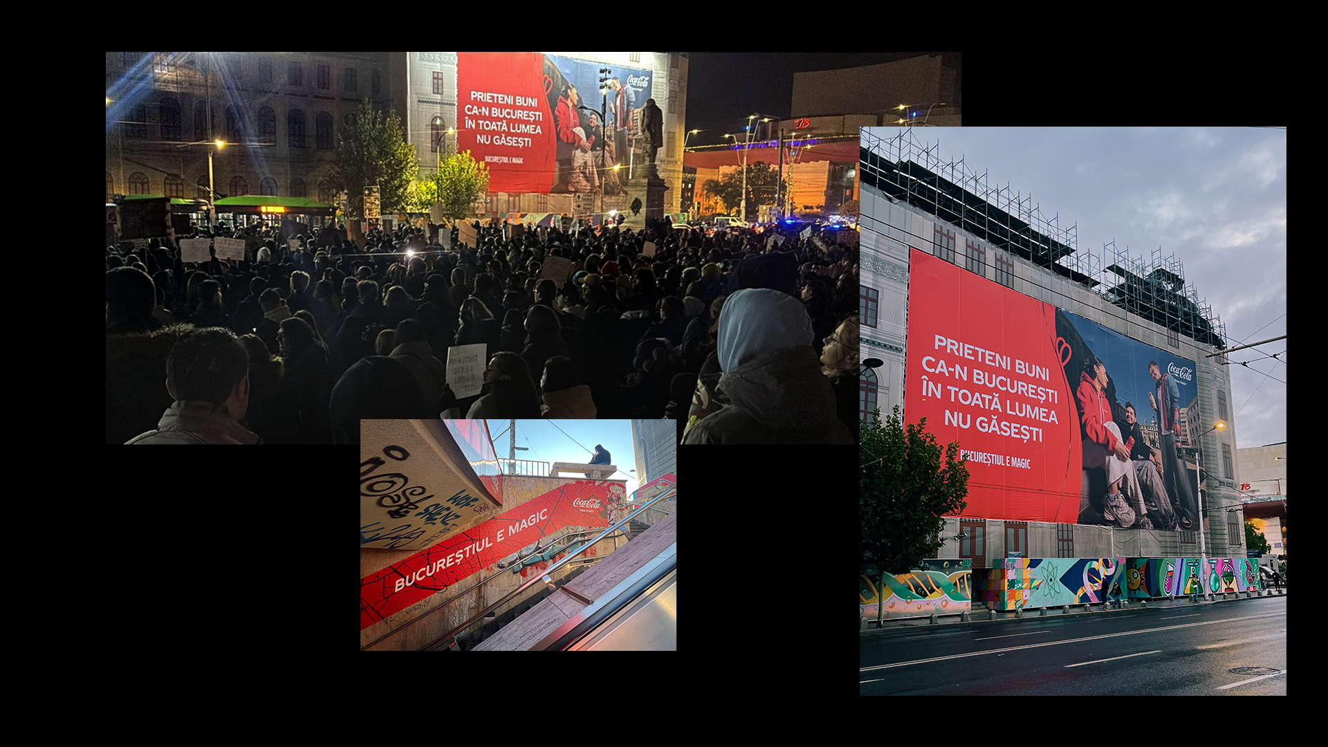 Nighttime protest in Bucharest with large crowd, signs, and a prominent advertising billboard with the message in Romanian: "Friends, get to know Bucharest around the world, the city of magic."