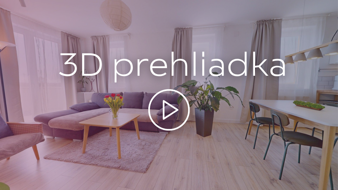 Bright living room with gray sectional sofa, pink and purple pillows, wooden coffee table with tulips, large potted plant, dining table with chairs, and large windows with sheer curtains.