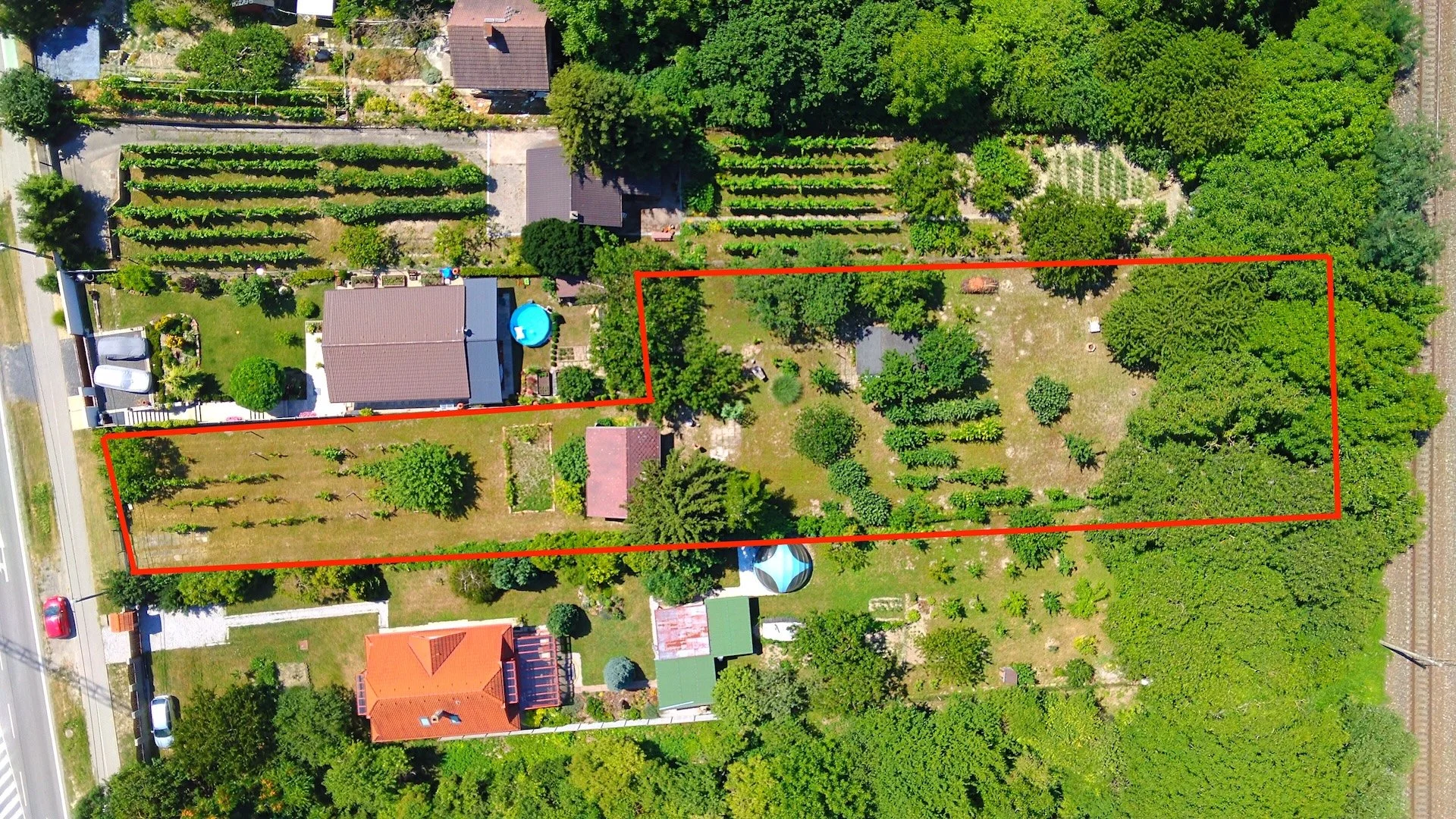 Aerial view of a residential backyard outlined in red, containing trees, a lawn, and garden beds. Surrounding properties have houses, trees, and gardens. A road with parked cars is visible on the left side.