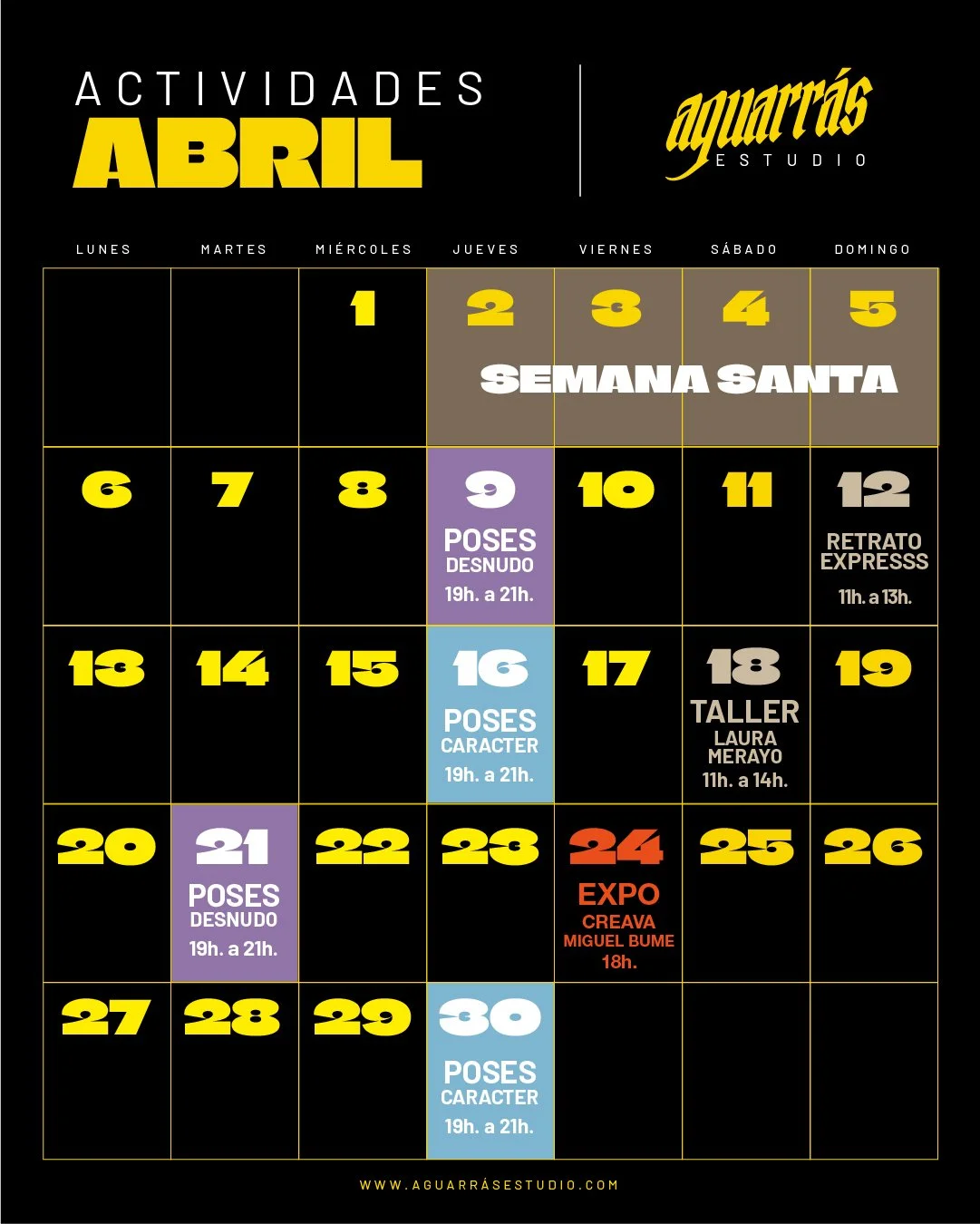April activity calendar for Aguarrás Estudio, showing dates with scheduled events such as pose workshops, portrait sessions, and an expo, with descriptions and times.