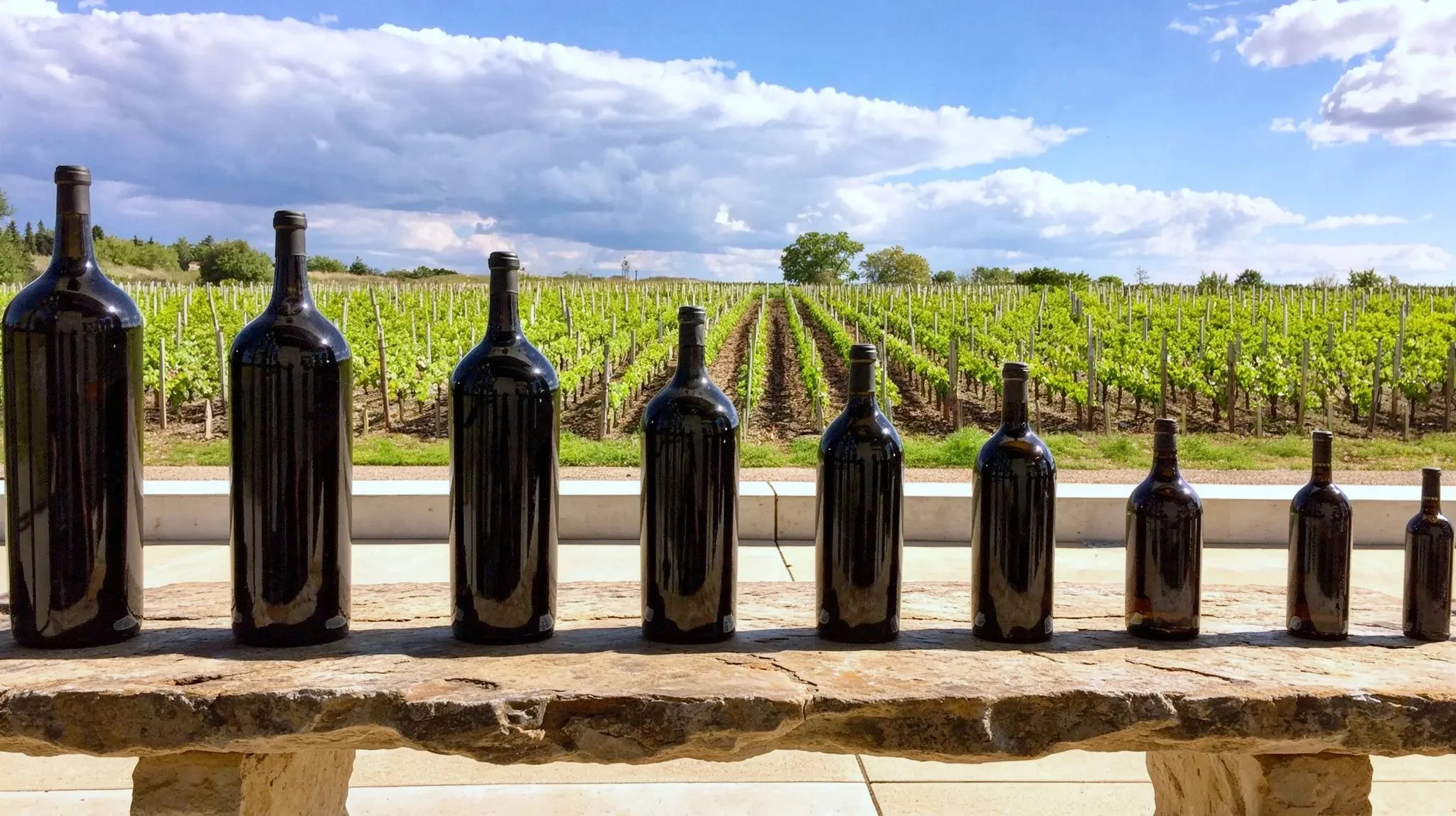 Lineup-of-wine-bottles-on-a-stone-bench-in-front-of-a-vineyard-on-a-sunny-day-showing-different-wine-bottle-sizes-1.jpeg