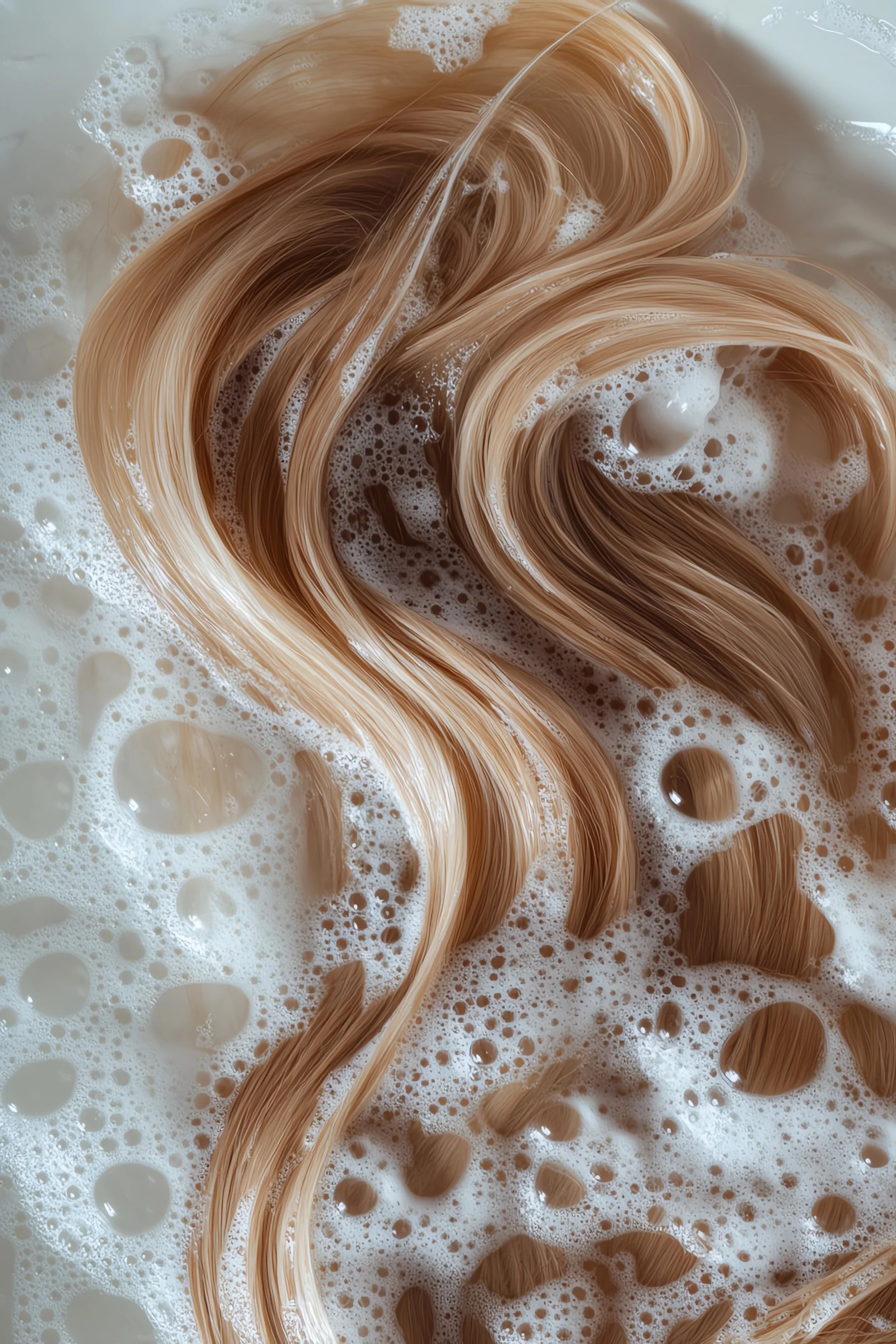 Nahaufnahme von blonde Haarsträhnen, die in Seifenwasser schwimmen, mit Schaum und Blasen